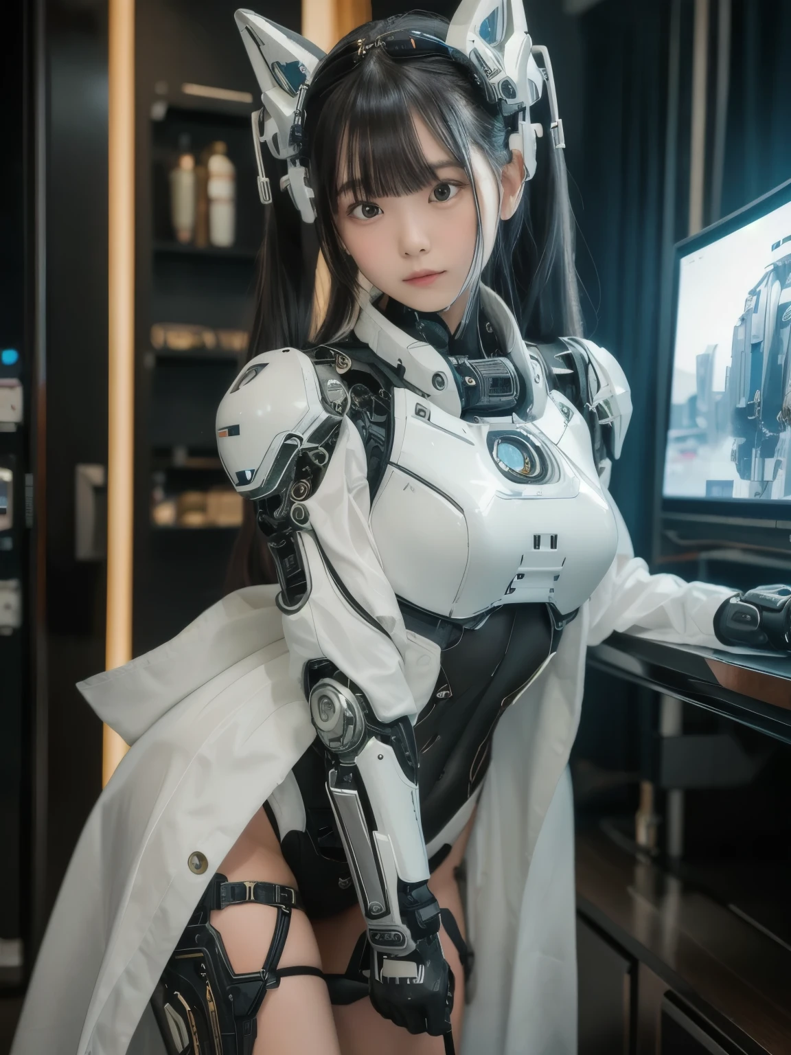 ((highest quality、8k、master piece:1.3))Wearing a silver-white mecha,Girl with a delicate face,best image quality,super transparent,The facial features are delicate and clear,Armageddon,machine arm,elaborate mechanical pattern,cyberpunk characters、cyber city、Number of people、Number of pieces、total number、century、Full body figure、Esbian