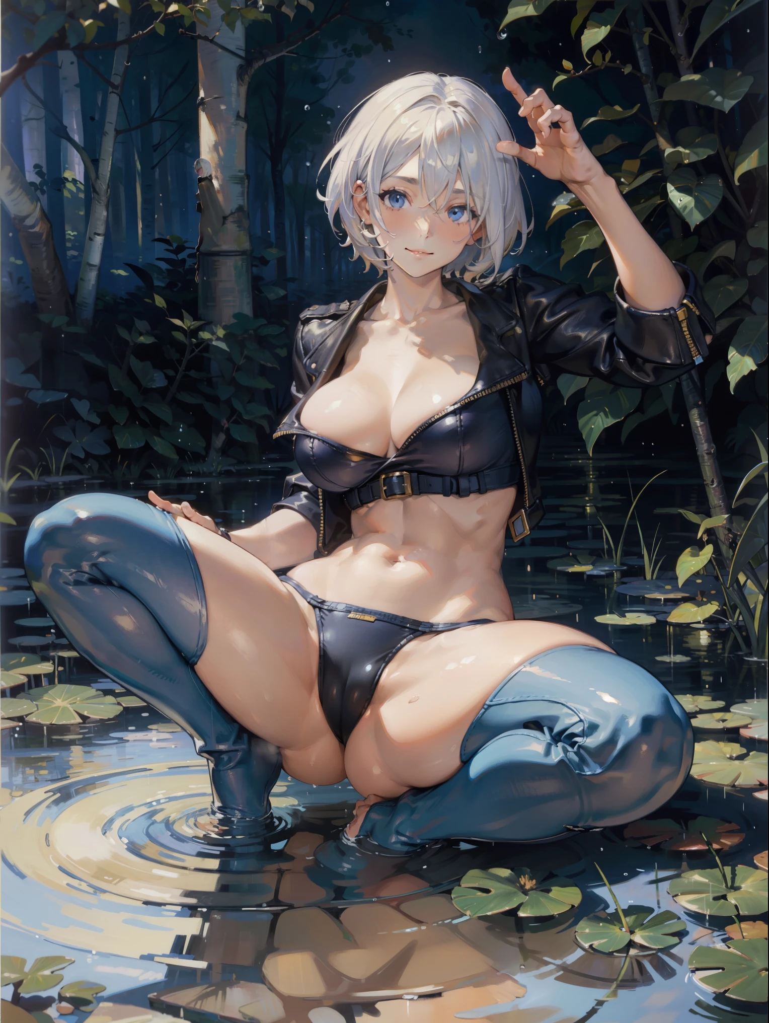 AngelMS,1girl,birch forest,monet color,stream,close shot,huge chest,close shot, (large breasts:1.6),the whole body,oil painting,((post-impressionist)),(face upward:1.2),Post Impressionist,Droplets,well,soft lighting,COOL,light smile,king of fighter,bikini,back view,sitting on water,floor,spread legs,camel toe,white hair,short hair,big toned legs,