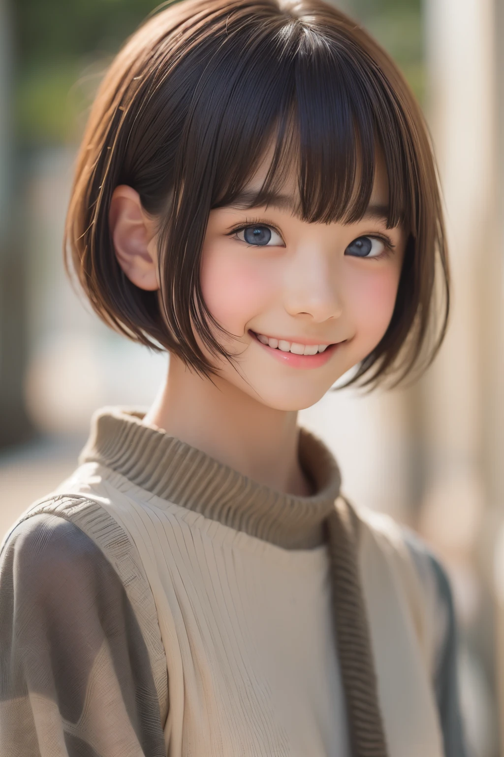 ((sfw: 1.4)), ((sfw, short hair, sidelocks-hair, light smile, 1 Girl)), Ultra High Resolution, (Realistic: 1.4), RAW Photo, Best Quality, (Photorealistic Stick), Focus, Soft Light, ((15 years old)), ((Japanese)), (( (young face))), (surface), (depth of field), masterpiece, (realistic), woman, bangs, ((1 girl))