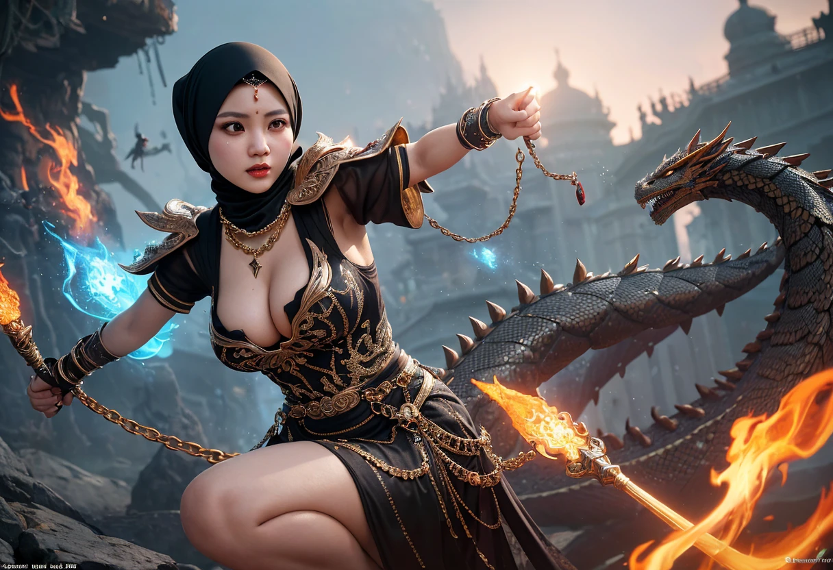 (busty malaysian woman:1.1, age 40:1.1, hijab no hair showing:1.1, athletic:1.1, many chains jewels and charms, wielding magic weapons), final showdown against a jeweled dragon, (best quality:1.2), ultra-detailed, realistic:1.37, HDR, studio lighting, vivid colors, portraits, sharp focus, physically-based rendering, extreme detail description, professional, bokeh, vibrant color palette, dramatic lighting, show their fiery battle
