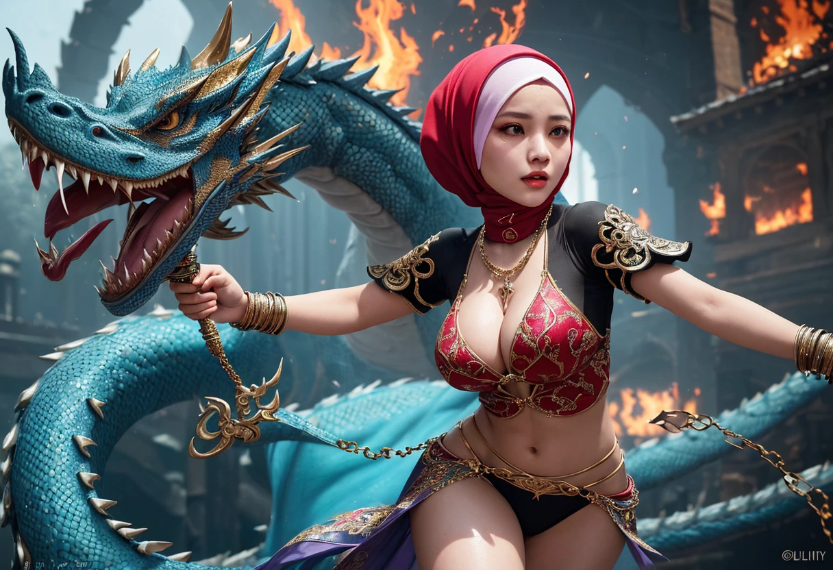 (busty malaysian woman:1.1, age 40:1.1, hijab no hair showing:1.1, athletic:1.1, many chains jewels and charms, wielding magic weapons), final showdown against a jeweled dragon, (best quality:1.2), ultra-detailed, realistic:1.37, HDR, studio lighting, vivid colors, portraits, sharp focus, physically-based rendering, extreme detail description, professional, bokeh, vibrant color palette, dramatic lighting, show their fiery battle
