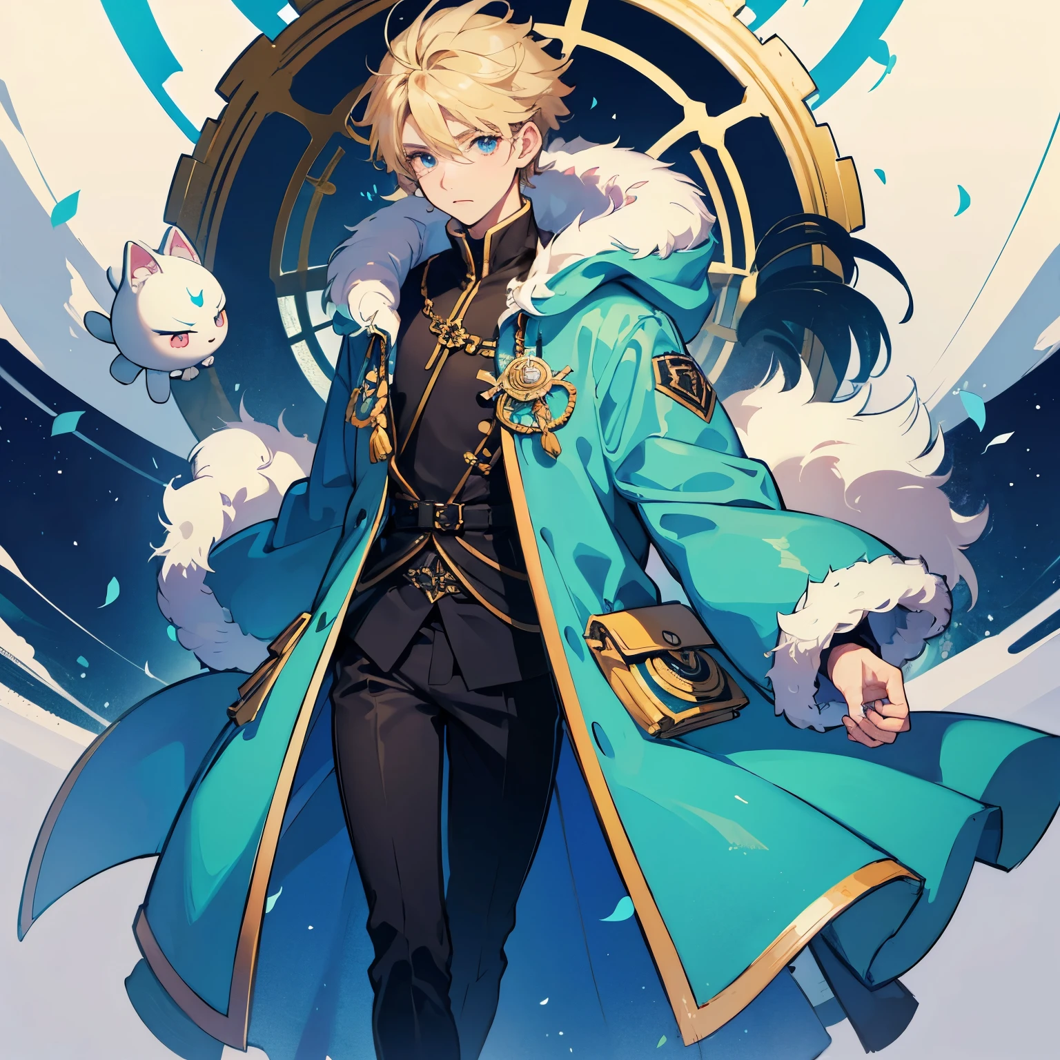 ((men, male, softboy)) ((high definition)) ((high definition eyes)) a round faced boy, blond, Full body, wearing a blue furred puffer jacket, ((cute))