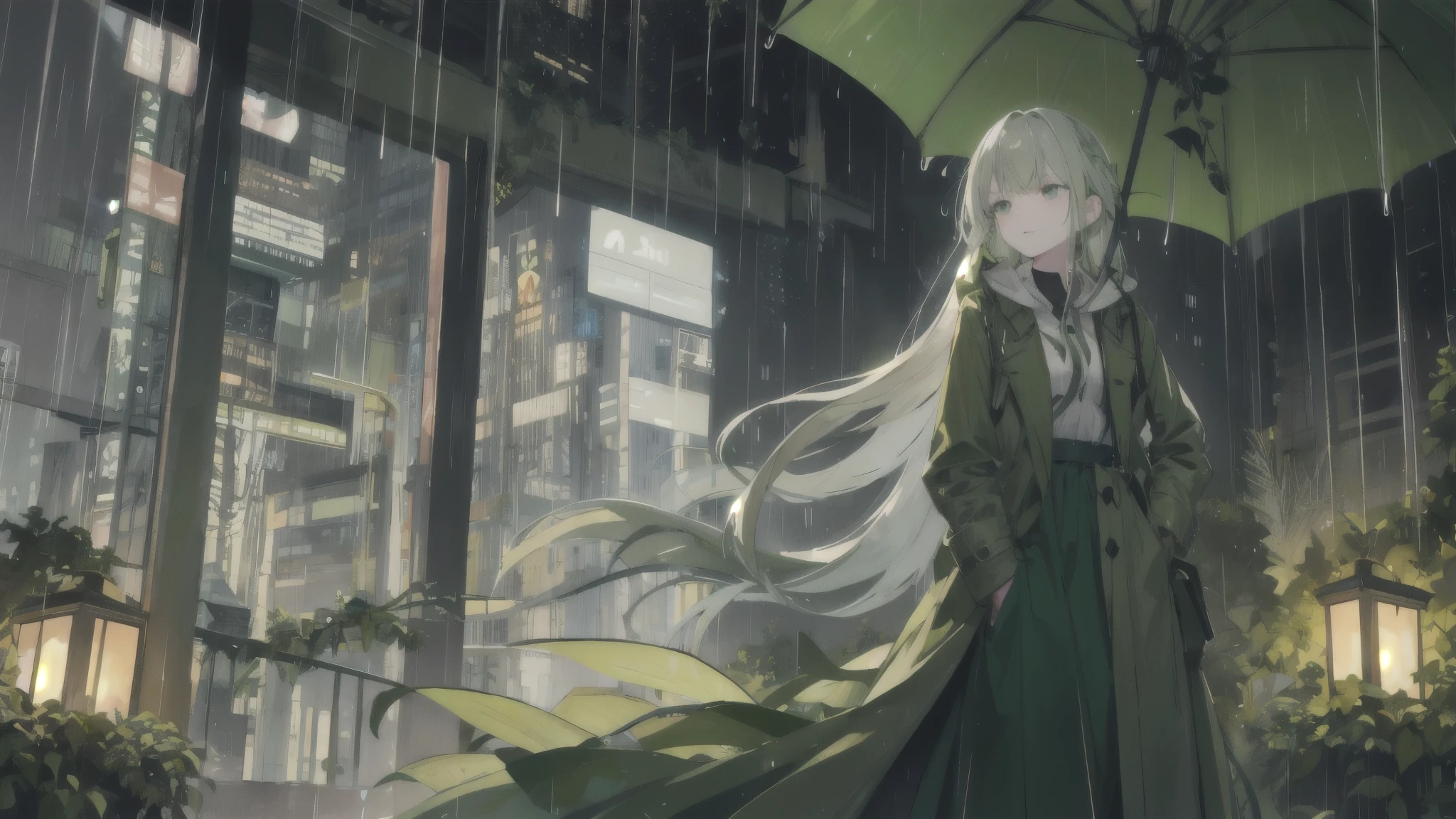 Wearing a long green dress woven from leaves and vines,night city,rain,coat,hands in pockets