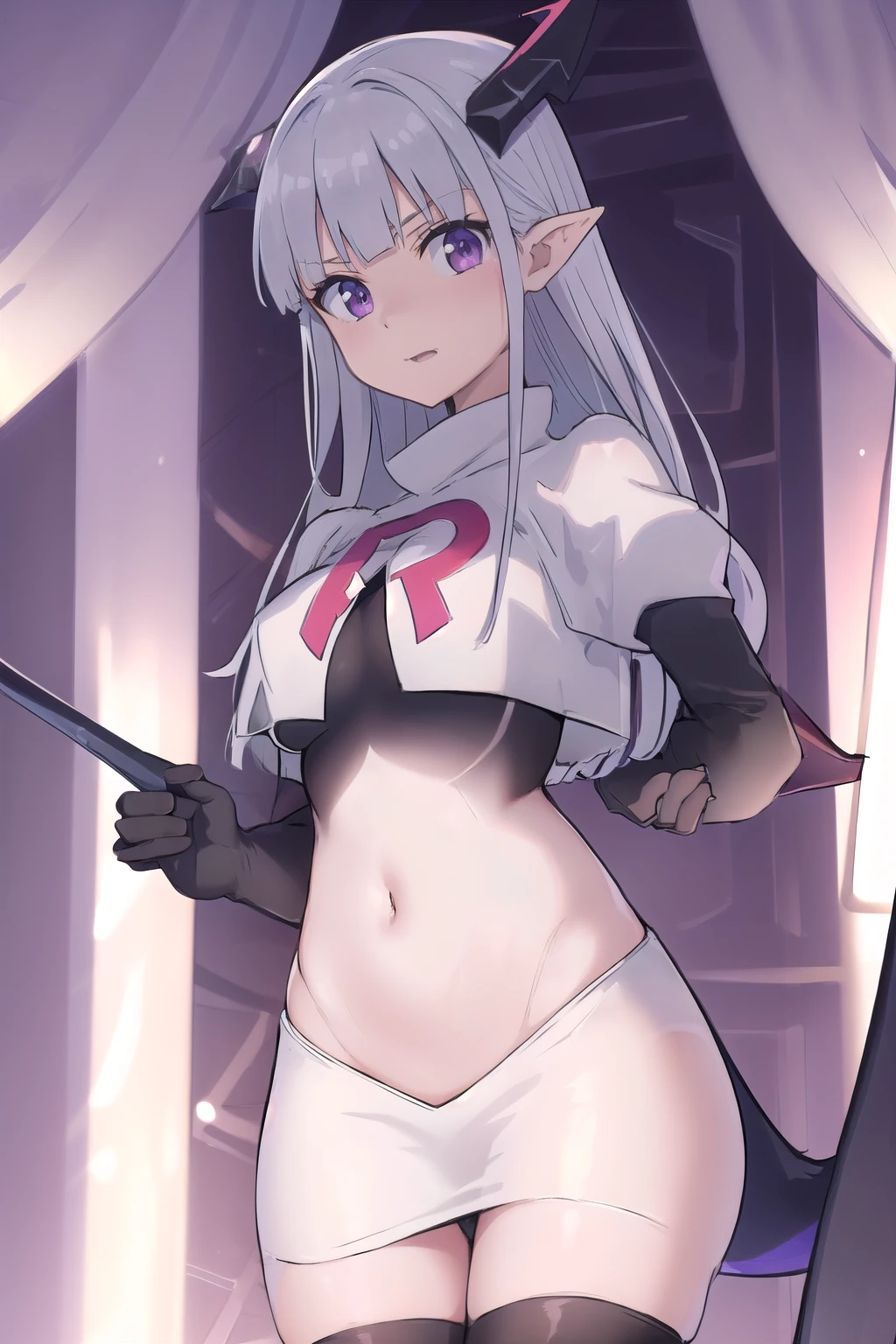 (masterpiece, best quality:1.2),illustration,8k,hd,1girl,solo,pointy ears,long hair,purple eyes,bangs,blunt bangs,navel,breasts,demon wings,hair ornament,demon tail,team rocket,team rocket uniform,white skirt,crop top,black thigh-highs,black elbow gloves,