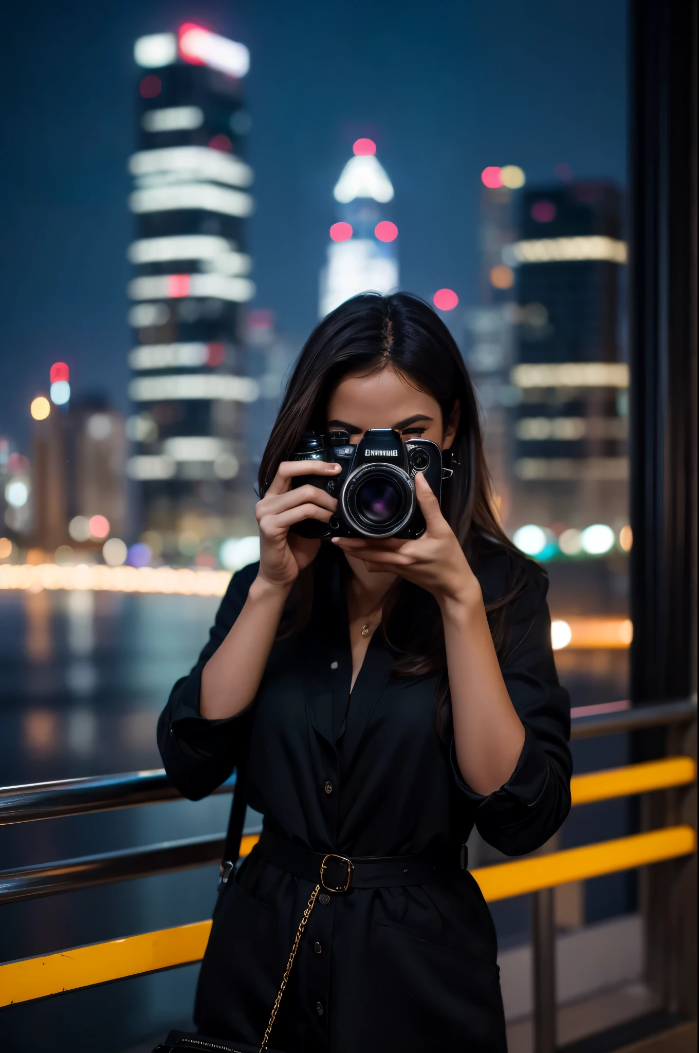 masterpiece, best quality, extremely detailed, hyperrealistic, photorealistic, a beautiful photographer, holding a camera with both hands, taking a photo, city, night