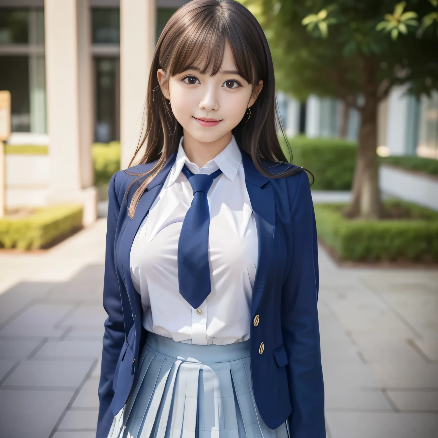 8k, highest quality, real image, intricate details, Super detailed, ultra high resolution, depth field,(realistic,realistic:1.2), (small eyes:1.2), from the middle, 1 Japanese girl, very beautiful 17 year old girl, Big eyes, beautiful breasts:1.5、highly detailed eyes:1.2), (beautiful breasts:1.1), (small breasts:1.5), wavy hair、curly hair、bangs, perfect skin, Fair skin, huge hips, thick thighs, thick legs, tight waist, light blush, alone, looking at the viewer, (smile:1.1), ((School_uniform),(dark blue blazer), (white shirt、wear a tie), (gray pleated skirt), (sculpture installation :1.1)