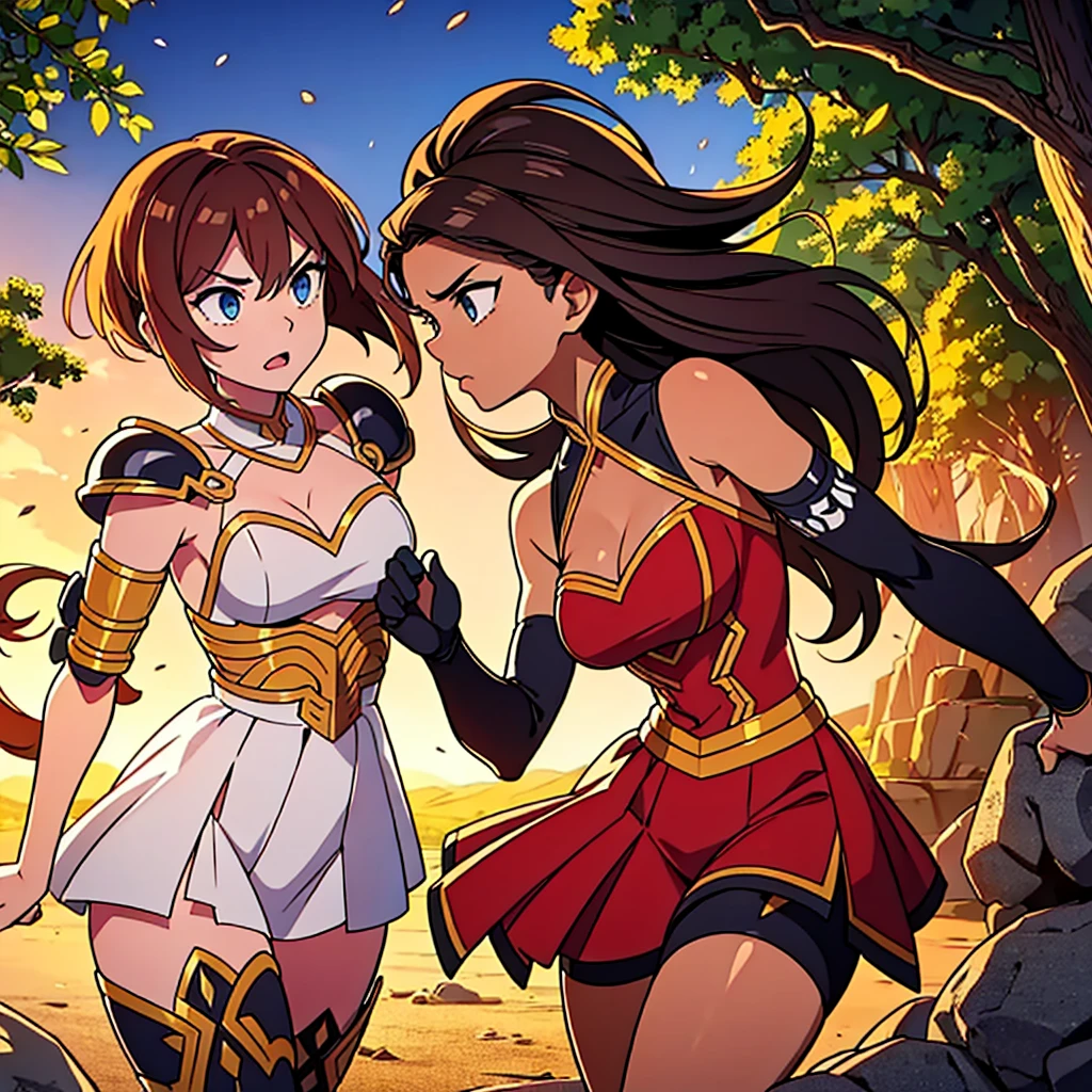 A climactic scene where two warriors engage in a final showdown, showcasing their incredible skills and intense emotions. The fighters are locked in an epic battle, with sparks flying off their weapons as they clash with ferocious determination. The scene is set in a mystical forest, enveloped by a thick canopy of ancient trees that cast eerie shadows. Sunlight filters through the dense foliage, creating a dramatic interplay of light and shadow. The warriors wear intricately designed armor, each reflecting their unique personality and fighting style. Their faces are filled with focus and determination, their eyes sharp and piercing, reflecting a burning desire for victory. The intensity of the moment is heightened by the clouds of dust and debris swirling around them, evoking the chaos and energy of the battle. The colors of the scene are vibrant and saturated, amplifying the tension and drama. The overall lighting is characterized by a warm, golden glow, adding a sense of grandeur and epicness to the showdown. The details and textures of the warriors' costumes and weapons are incredibly realistic, showcasing the skill and craftsmanship involved in their creation. The prompt ensures the best quality output with ultra-detailed rendering, capturing every intricate detail of the scene. It evokes a sense of a masterpiece, with its high resolution and vivid colors. The prompt combines elements of both fantasy and realism, blurring the line between imagination and reality. The resulting image is a breathtaking work of art, transporting the viewers into the heart of the final showdown.