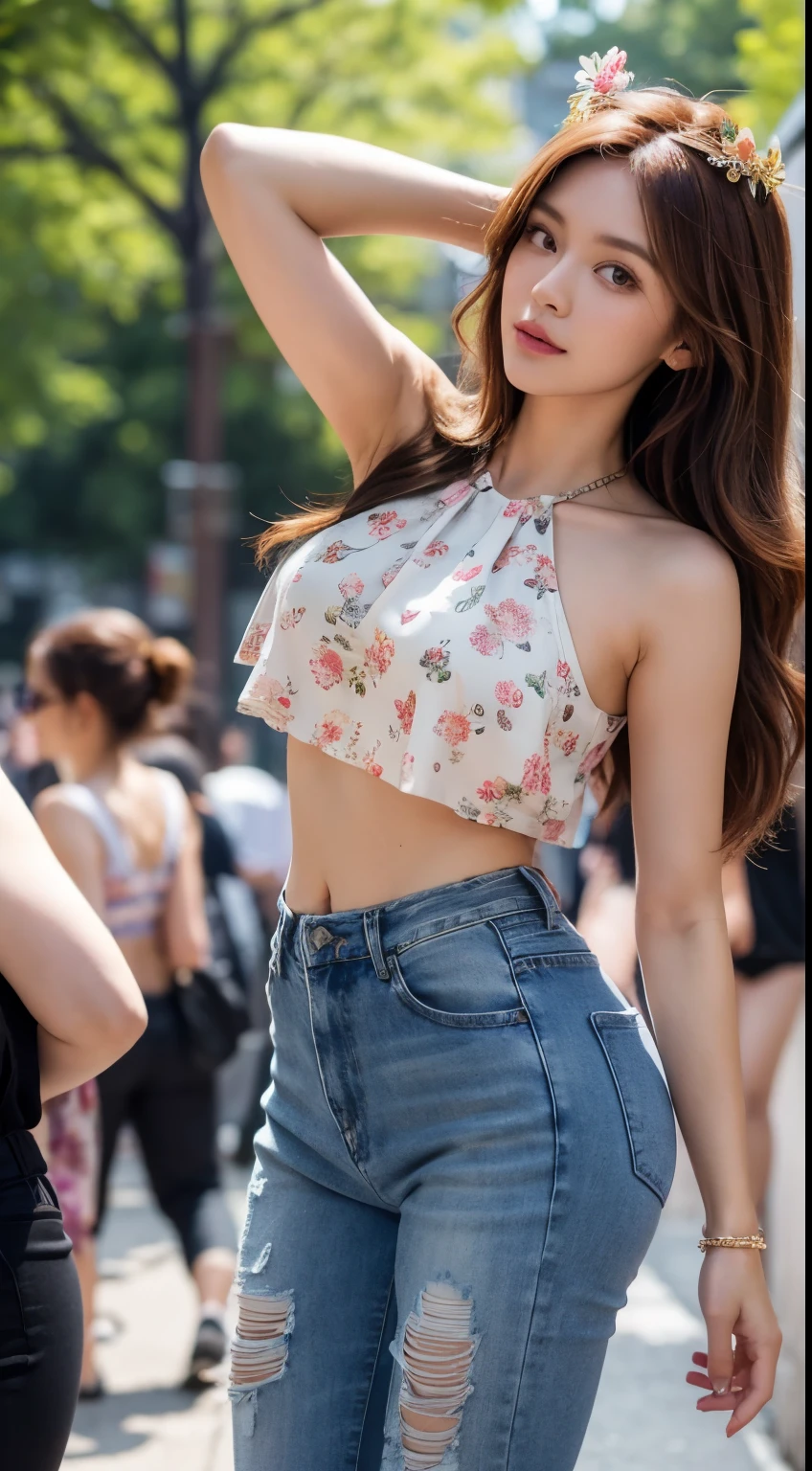 Generate a digital image of a beautiful woman with shoulder-length, auburn hair adorned with a floral crown. Capture her dancing freely at a vibrant music festival. She wears ripped black skinny jeans and a flowy, floral crop top that reveals a glimpse of a lace bralette underneath. Complete the look with a pair of brown ankle boots and a fringed suede backpack slung across her shoulder.