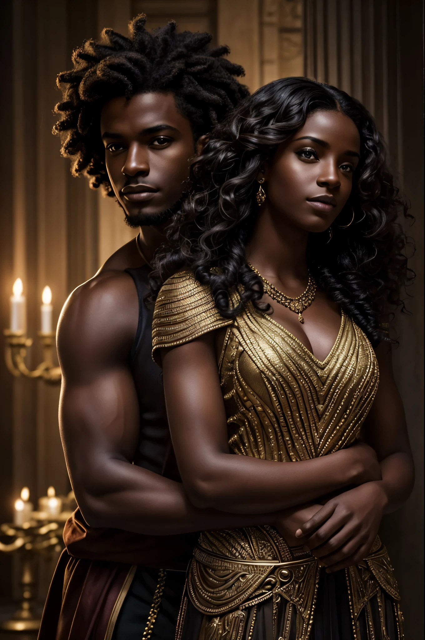 Cover of fantasy darkromance book, a darskin young man and a darkskin young woman, very beautiful, curly hair. The book is about royalty, politic, war, celest kingdom, power and angels.coverbook, 8K, realistic.HD, 4K, HD, De vrais visages, Cinematography L&#39;image doit avoir un rapport hauteur/largeur de 1:1.6, et mesurez au moins 2,500 pixels on the longest side.