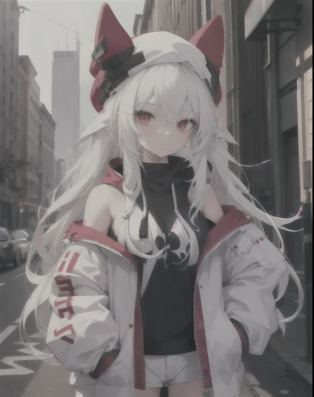 masterpiece,1 girl,alone,long hair,White hair,red eyes,The hoodie has the text tia on it,Off the shoulders:1.2, thug hat, street,hands on hips, hands in pockets,