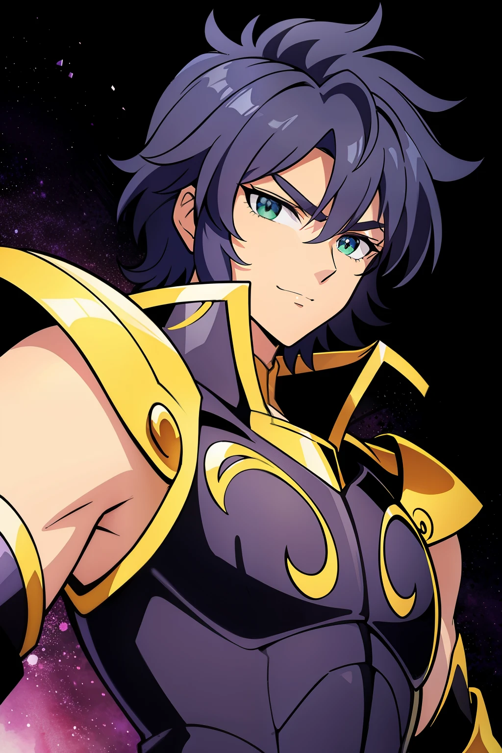 (high-quality, breathtaking),(expressive eyes, perfect face), 1male, male, solo, half body, armor, dark onyx purple armor, saint seiya armor, spectre armor, fantasy armor, emerald green hair, short length hair, purple eyes, ( watercolor \(medium\), black background, small smile, zoom out
