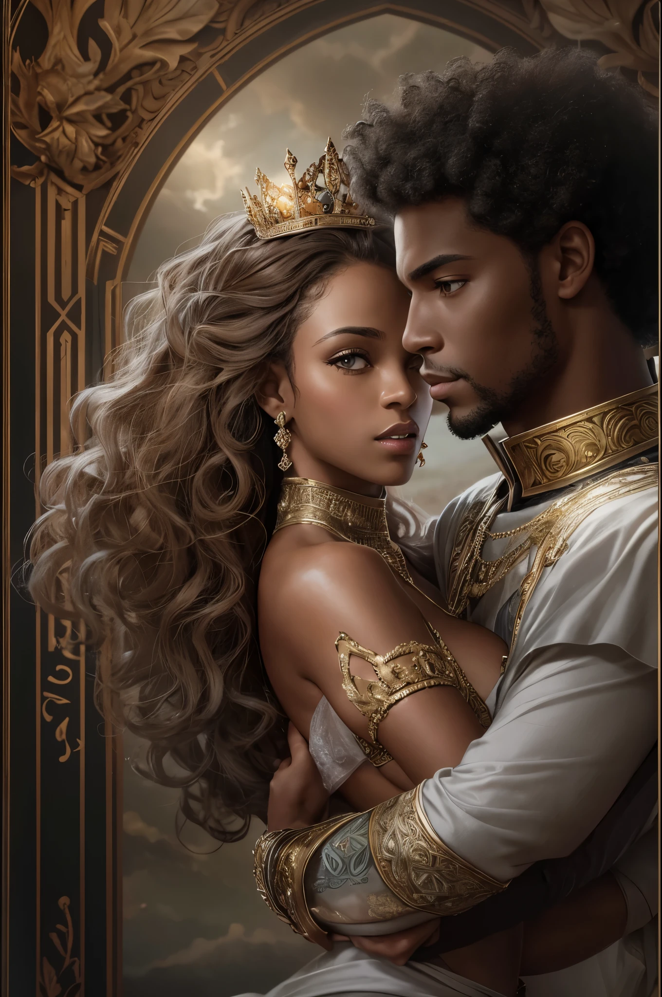 Cover of fantasy darkromance book, a darskin young prince and a darkskin young princess, (((very beautiful))), (((prince and princess))), curly hair. The book is about royalty, politic, war, celest kingdom, power and angels.coverbook, 8K, realistic.HD, 4K, HD, De vrais visages, Cinematography The image must have an aspect ratio/largeur de 1:1.6, et mesurez au moins 2,500 pixels on the longest side.