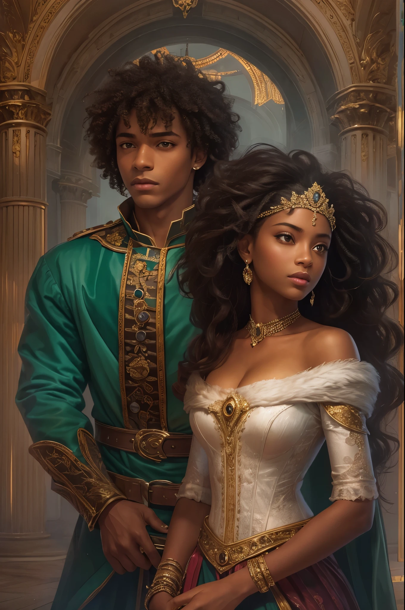 Cover of fantasy darkromance book, a darskin young prince and a darkskin young princess, (((very beautiful))), (((prince and princess))), curly hair. The book is about royalty, politic, war, celest kingdom, power and angels.coverbook, 8K, realistic.HD, 4K, HD, De vrais visages, Cinematography The image must have an aspect ratio/largeur de 1:1.6, et mesurez au moins 2,500 pixels on the longest side.