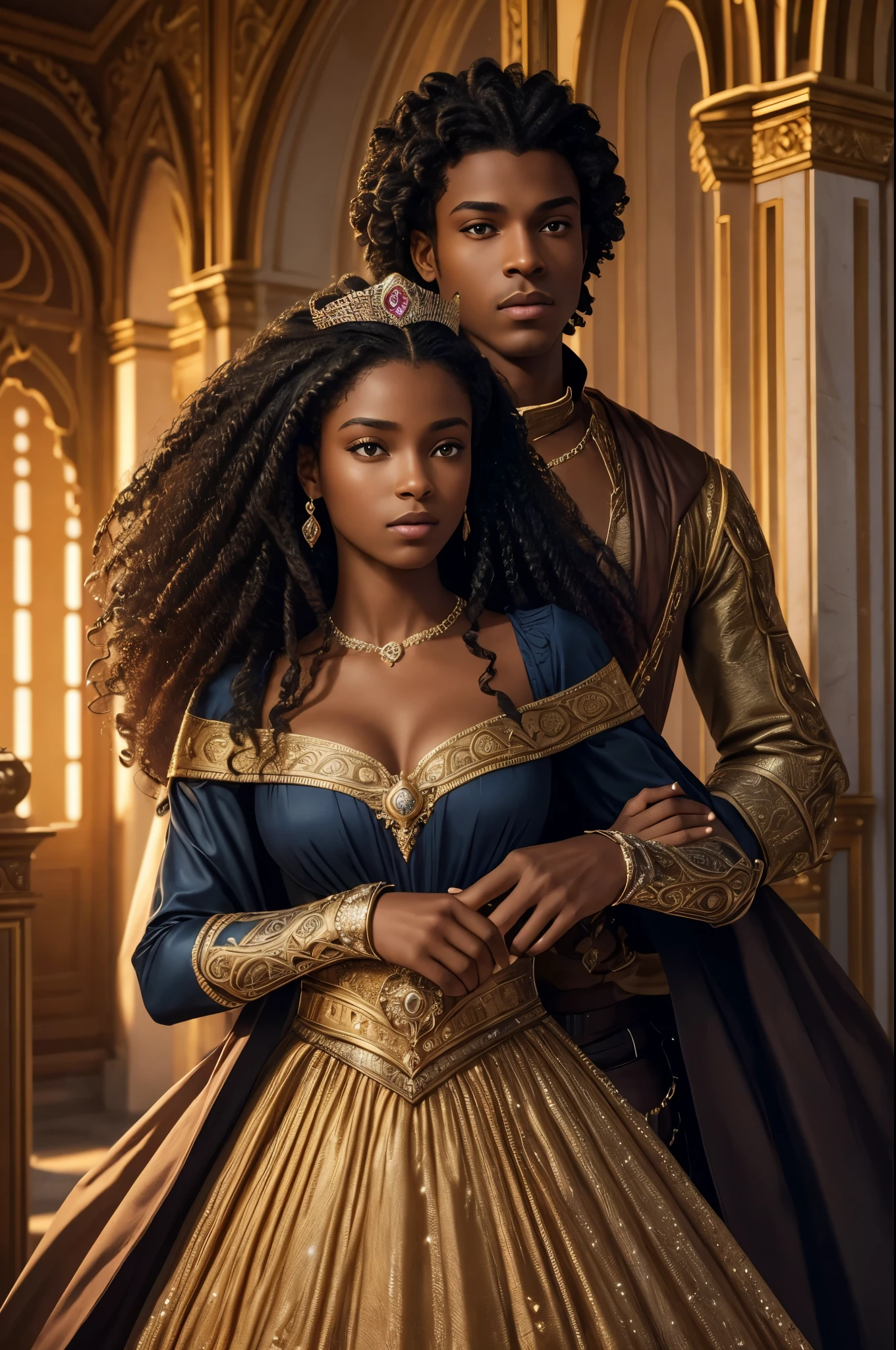 Cover of fantasy darkromance book, a darskin young prince and a darkskin young princess, , (((very beautiful))), (((prince and princess))), curly hair. The book is about royalty, politic, war, celest kingdom, power and angels.coverbook, 8K, realistic.HD, 4K, HD, De vrais visages, Cinematography The image must have an aspect ratio/largeur de 1:1.6, et mesurez au moins 2,500 pixels on the longest side.