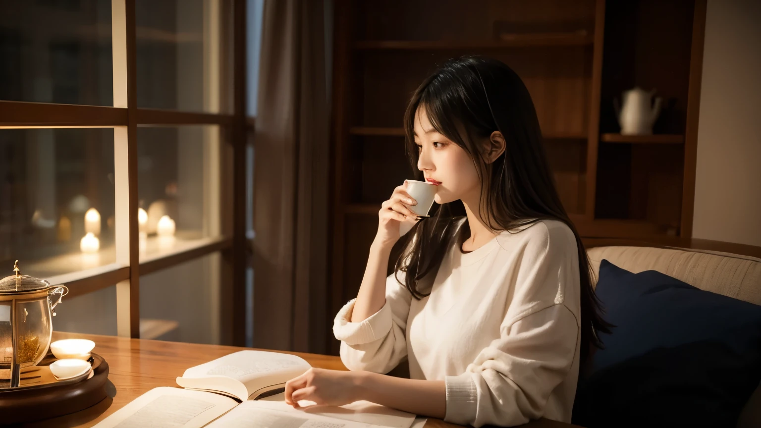 late night,read、light、Tea、girl