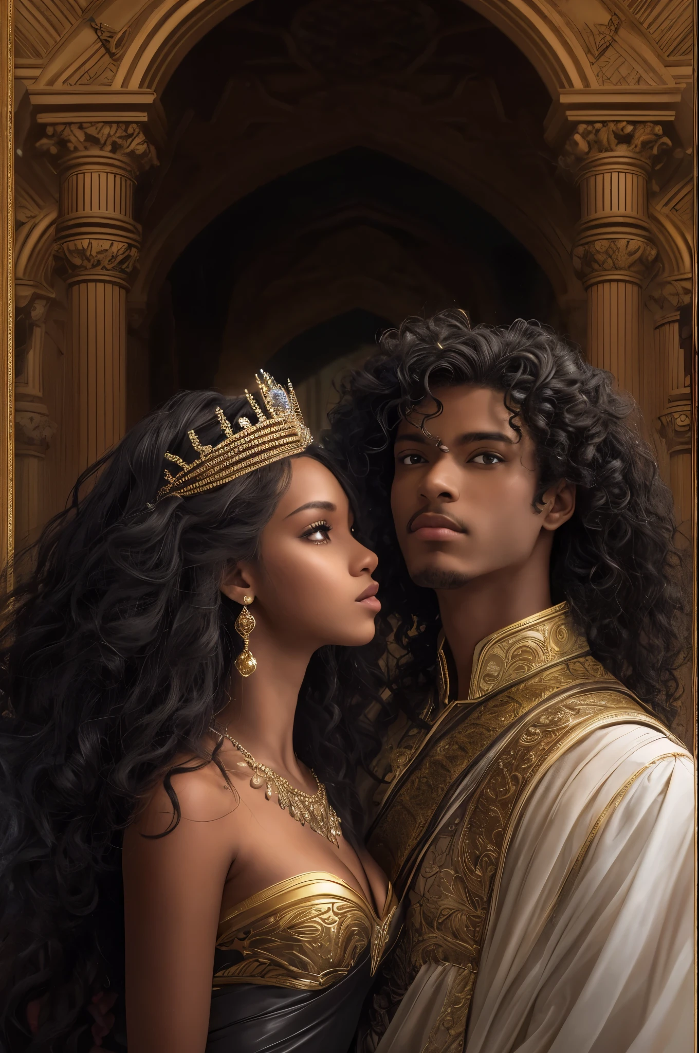 Cover of fantasy darkromance book, a darskin young prince and a darkskin young princess, 17 years, (((very beautiful))), (((prince and princess))), curly hair. The book is about royalty, politic, war, celest kingdom, power and angels.coverbook, 8K, realistic.HD, 4K, HD, De vrais visages, Cinematography The image must have an aspect ratio/largeur de 1:1.6, et mesurez au moins 2,500 pixels on the longest side.