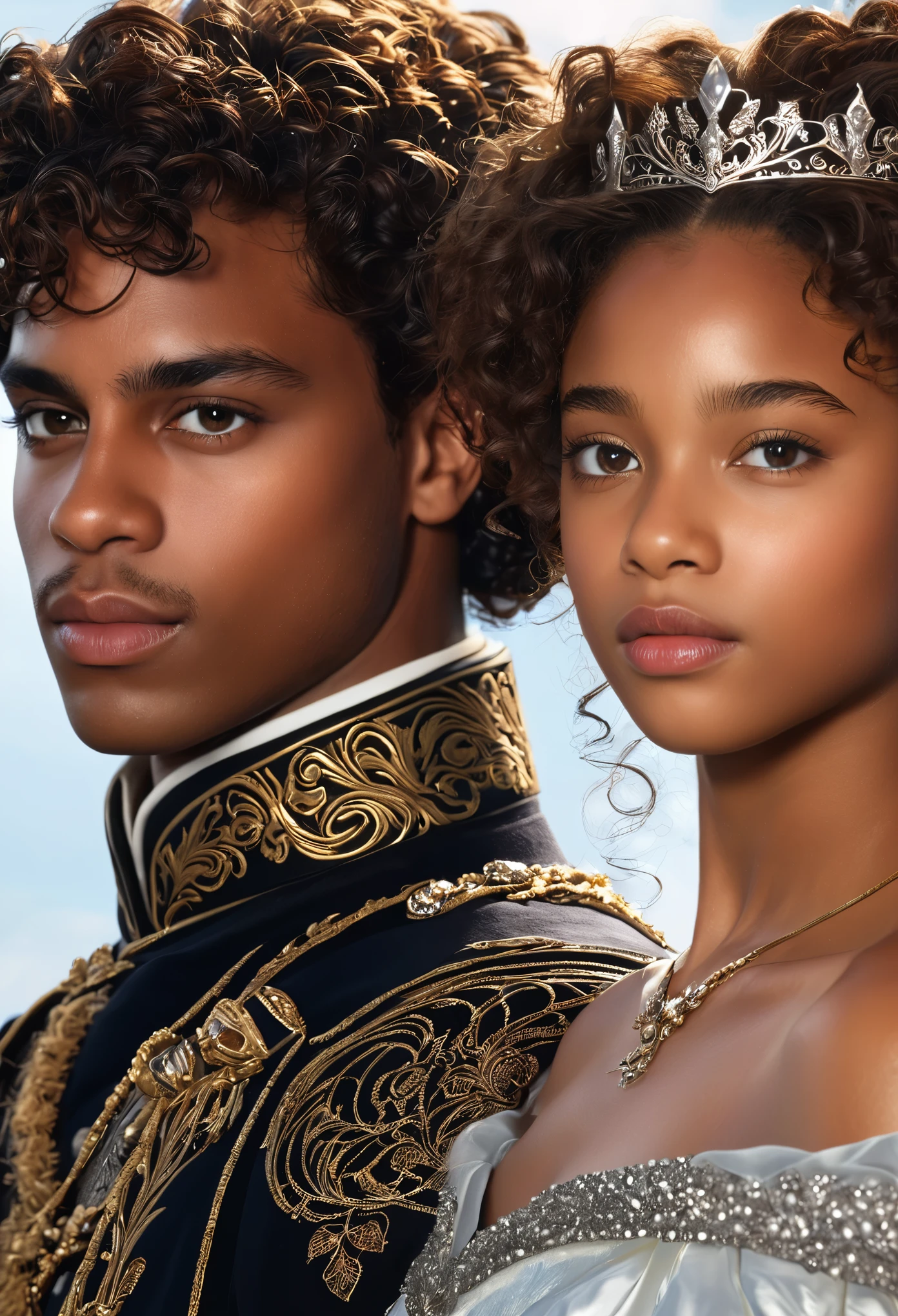Cover of fantasy darkromance book, a darskin young prince and a darkskin young princess, 17 years, (((very beautiful))), (((prince and princess))), curly hair. The book is about royalty, politic, war, celest kingdom, power and angels.coverbook, 8K, realistic.HD, 4K, HD, De vrais visages, Cinematography The image must have an aspect ratio/largeur de 1:1.6, et mesurez au moins 2,500 pixels on the longest side.