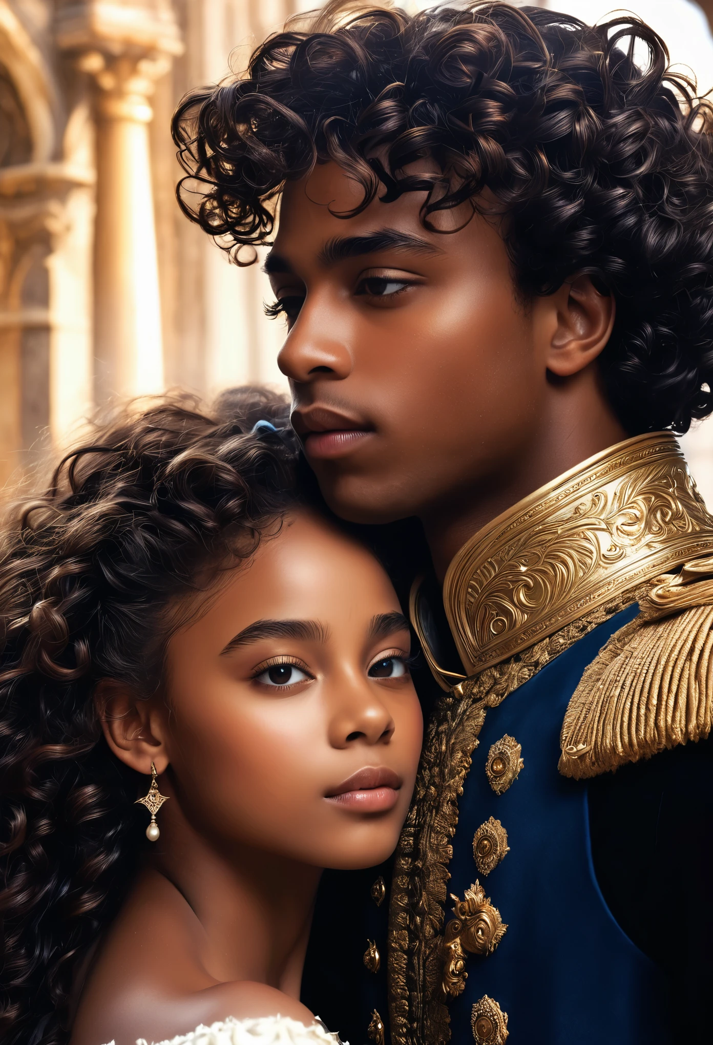 Cover of fantasy darkromance book, a darskin young prince and a darkskin young princess, , (((very beautiful))), (((prince and princess))), curly hair. The book is about royalty, politic, war, celest kingdom, power and angels.coverbook, 8K, realistic.HD, 4K, HD, De vrais visages, Cinematography The image must have an aspect ratio/largeur de 1:1.6, et mesurez au moins 2,500 pixels on the longest side.