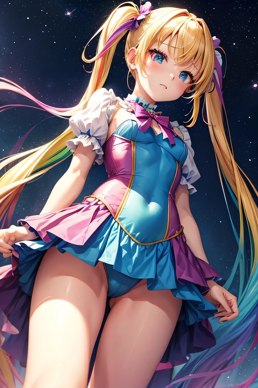 rainbow colored leotard、Beautiful Girl Magician、blonde twintails、((whole body))、(((photo taken from below)))、night