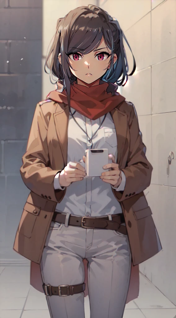 long hair, black hair, black eyes, red scarf, solo, 1girl, red_scarf, belt, buckle, looking_at_viewer, long_sleeves, jacket, bangs, pants, standing, coat, belt_buckle, cowboy_shot, black_hair, shirt, closed_mouth, 