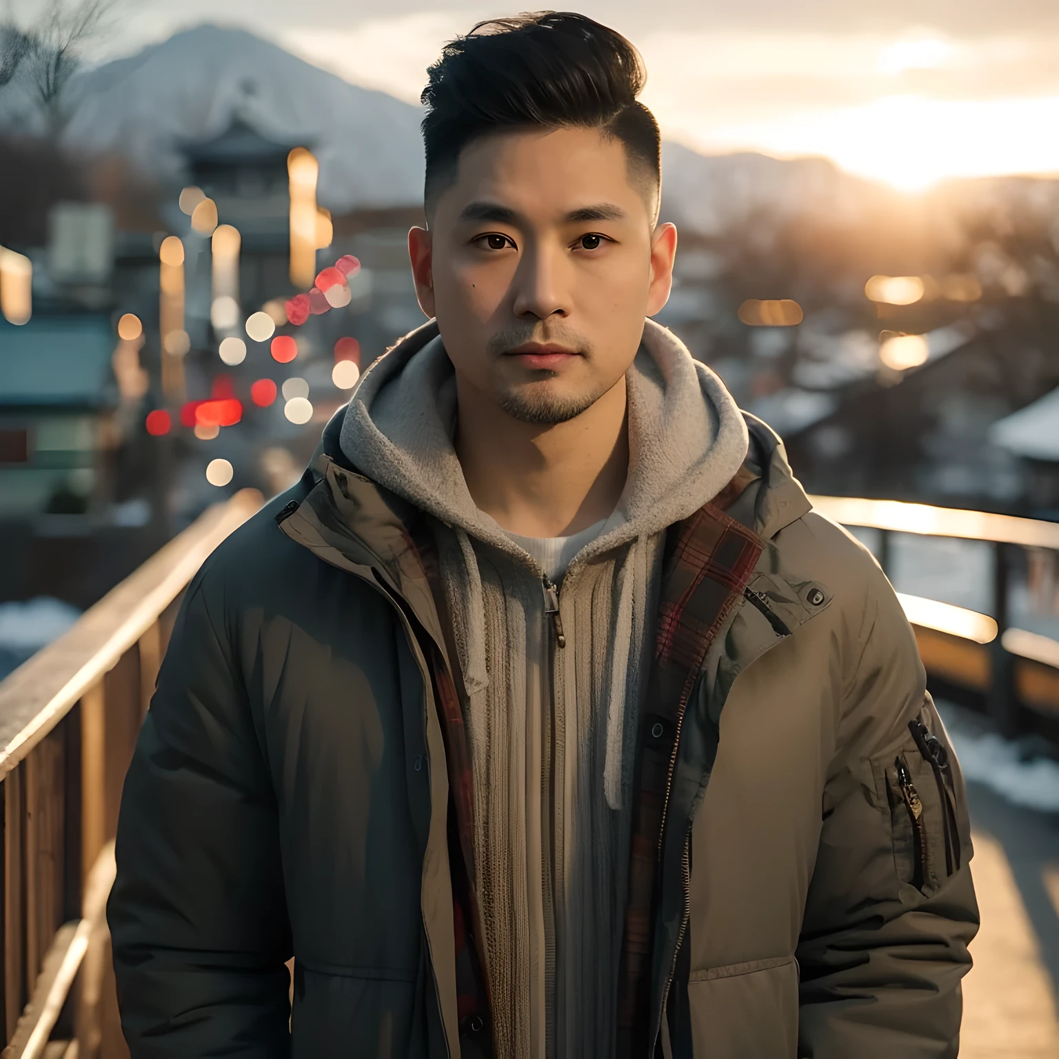 full body, long shoot, cinematic portrait of a 35 year old asian man with undercut hair by side walking on Okusha Shrine Nagano , Tokyo. Wearing Winter Jacket and white shoes, full view winter of okusha shrine, Nagano in background. Background with evening sunlight shining from behind, profesaional photography. flat face looking at the camera.