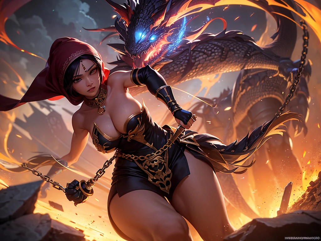 (busty malaysian woman:1.1, age 40:1.1, hijab no hair showing:1.1, athletic:1.1, many chains jewels and charms, wielding magic weapons), final showdown against a jeweled dragon, (best quality:1.2), ultra-detailed, realistic:1.37, HDR, studio lighting, vivid colors, portraits, sharp focus, physically-based rendering, extreme detail description, professional, bokeh, vibrant color palette, dramatic lighting, show their fiery battle