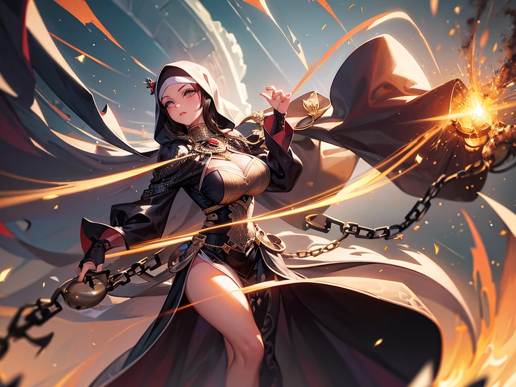 (busty malaysian woman:1.1, age 40:1.1, hijab no hair showing:1.1, athletic:1.1, many chains jewels and charms, wielding magic weapons), final showdown against a jeweled dragon, (best quality:1.2), ultra-detailed, realistic:1.37, HDR, studio lighting, vivid colors, portraits, sharp focus, physically-based rendering, extreme detail description, professional, bokeh, vibrant color palette, dramatic lighting, show their fiery battle