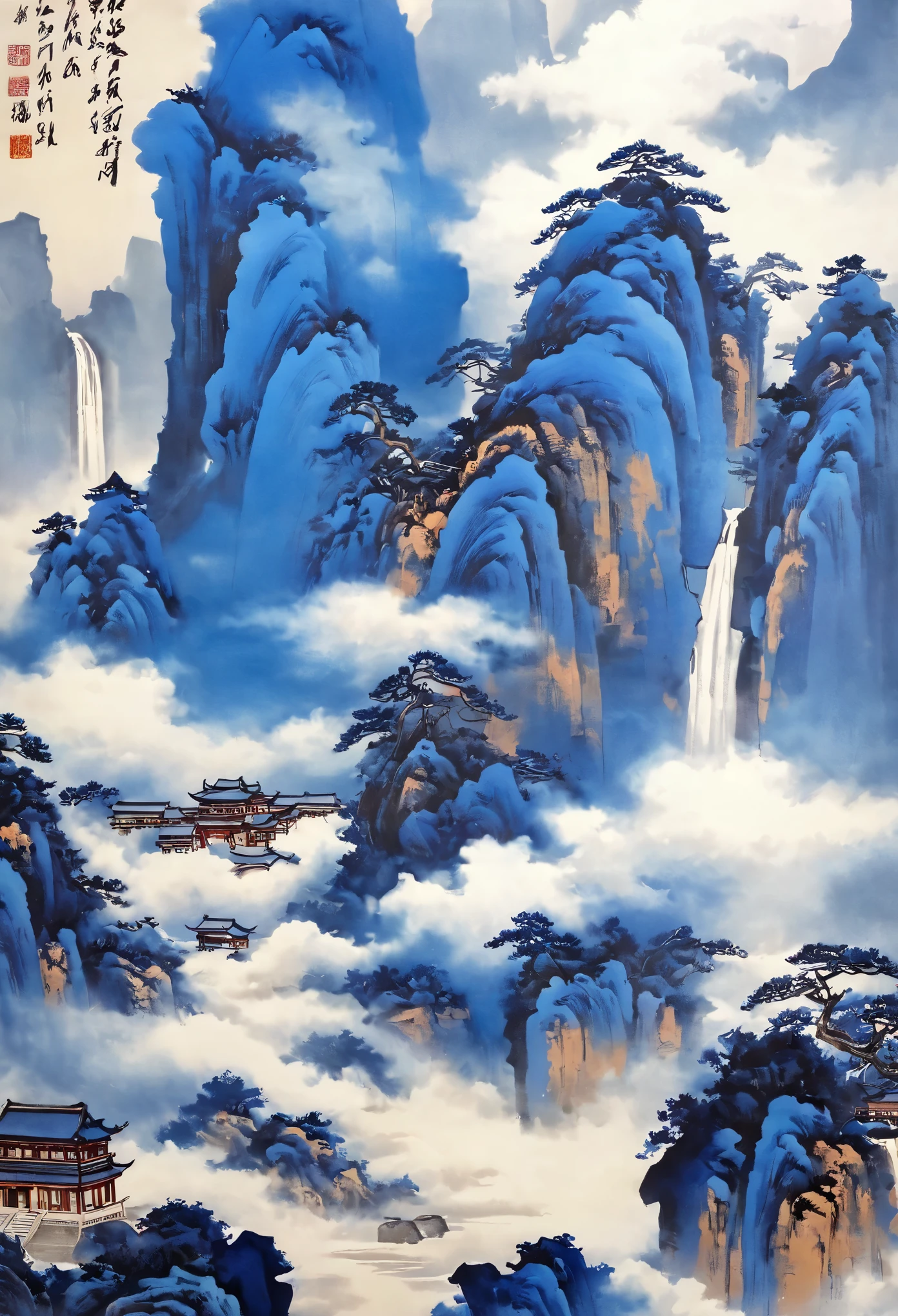 A majestic landscape painting，Meticulous，Inspired by thousands of miles of rivers and mountains，Fuchun Mountain Residence Map，Expression techniques of cirrus clouds，flat illustration，traditional Chinese painting，Chinese landscape painting，ancient chinese architecture，cloud，vertical waterfall on cliff，Vibrant pine trees，fall，Takayama，Black：137，Mineral pigments，Ultramarine blue，Track gold，Clear outline，sketchy，Dry Lafa