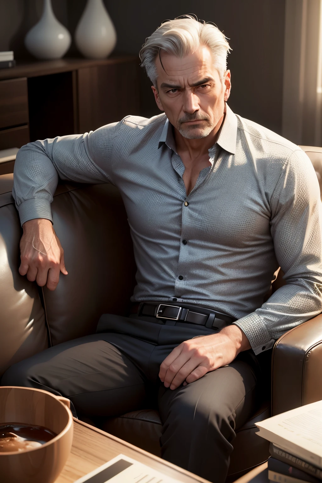 Gentleman asian,tight chest muscles, super tight shirt, super tight pants, bulging crotch,wet body, Transparent see through white shirt, pull off shirt,(1 Adult male),A high resolution, Sharp focus, ((Complicated details)), highly detailed,Multi-view upper body,Suit pants view, 1 man,is shy,Pee on the legs,pissing,Urine runs down the thighs,embarressed,exhilarated,is shocked,panicking,worry,A small puddle of their own urine forms around the feet,kneels on the ground,Very eager to pee,It's uncomfortable,Wet yourself,Urine discharge, Sweaty crotch,Drenched,rain,The shirt is soaked,(A gesture of pleading),blue color eyes(eyes glowing), Short gray hair,white shirt,Wear a tie,Wear a belt,Black suit trousers,perspire,look from down