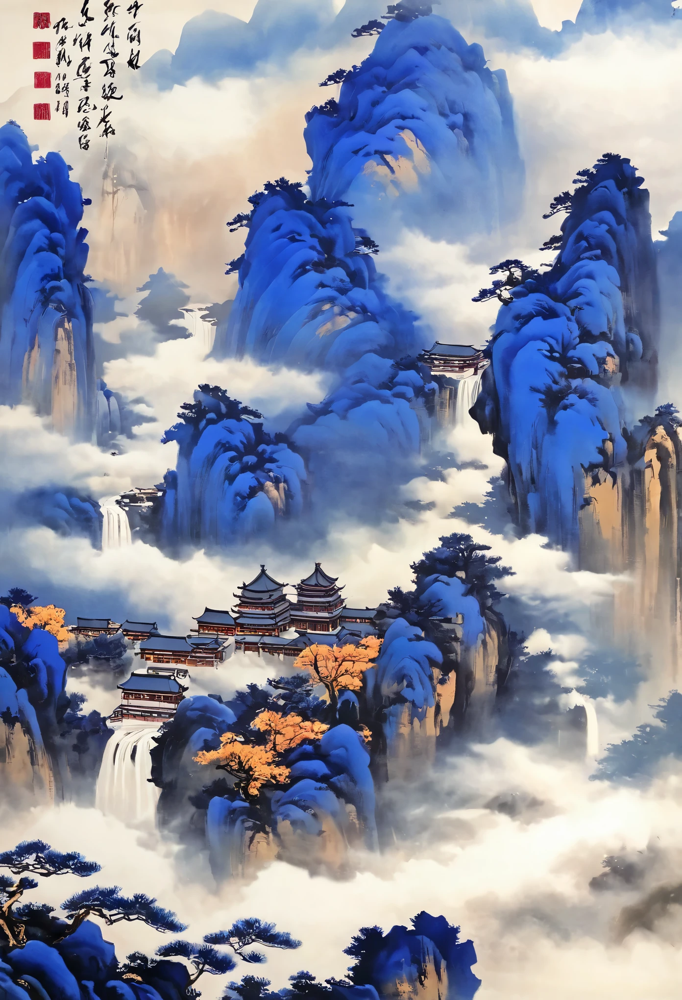 A majestic landscape painting,Meticulous,Inspired by thousands of miles of rivers and mountains,Fuchun Mountain Residence Map,Expression techniques of cirrus clouds,flat illustration,traditional Chinese painting,Chinese landscape painting,ancient chinese architecture,cloud,vertical waterfall on cliff,Vibrant pine trees,fall,Takayama,Black:137,Mineral pigments,Ultramarine blue,Track gold,Clear outline,sketchy,Dry Lafa