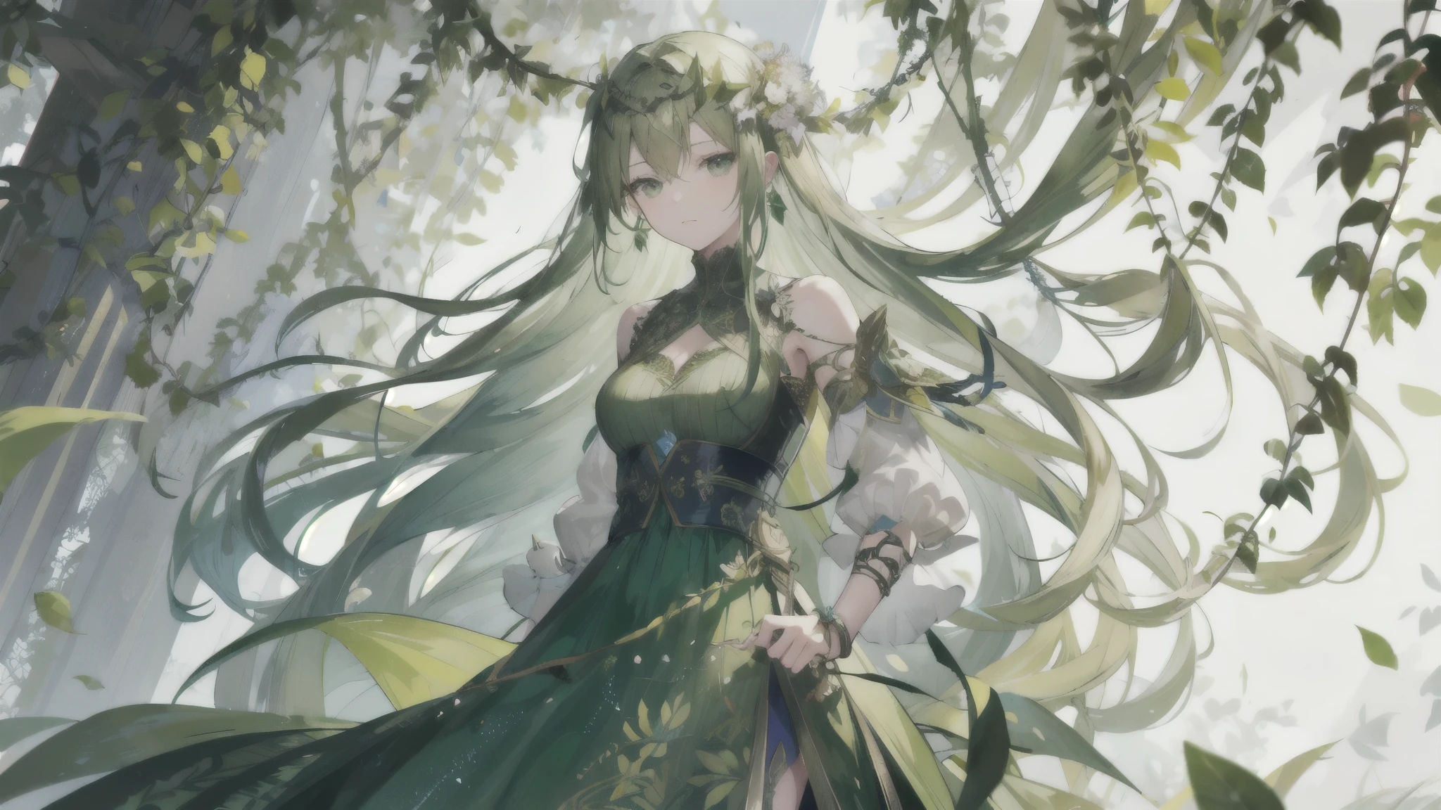 Wearing a long green dress woven from leaves and vines,Hair tangled with flowers and green leaves,Wearing a time bracelet engraved with complex runes on her wrist,coat,hands in pockets