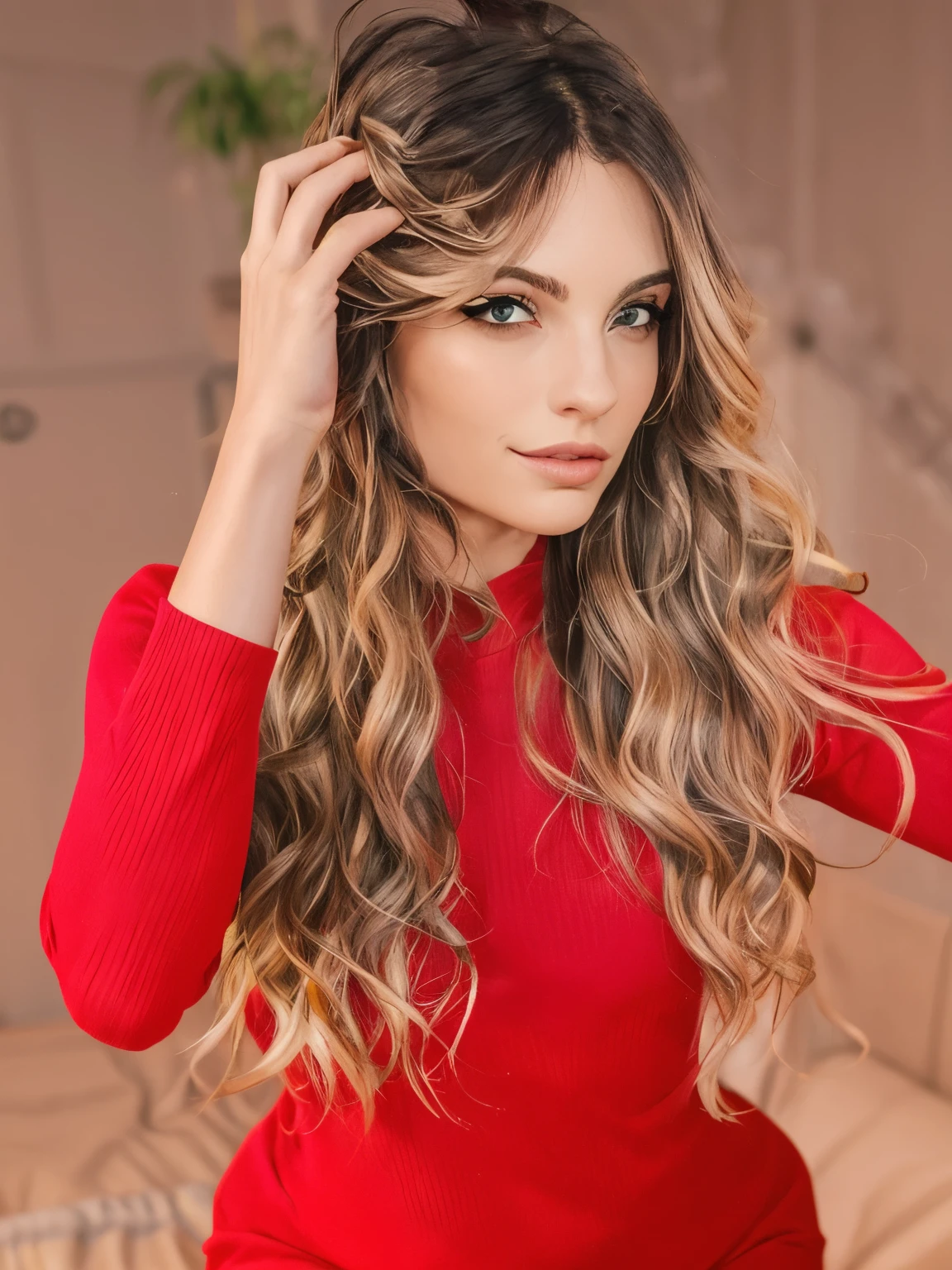 Mujer arafed con un vestido rojo posando para una foto., marischa becker, brunette with dyed blonde hair, con pelo largo y rubio, pelo largo y camisa roja, hermosa imagen, Kaitlyn Michelle Siragusa, light brown Cabello ondulado largo, Cabello ondulado largo, pelo rubio largo y rizado, long curly brown hair, lorena avarez, long wavy brown hair