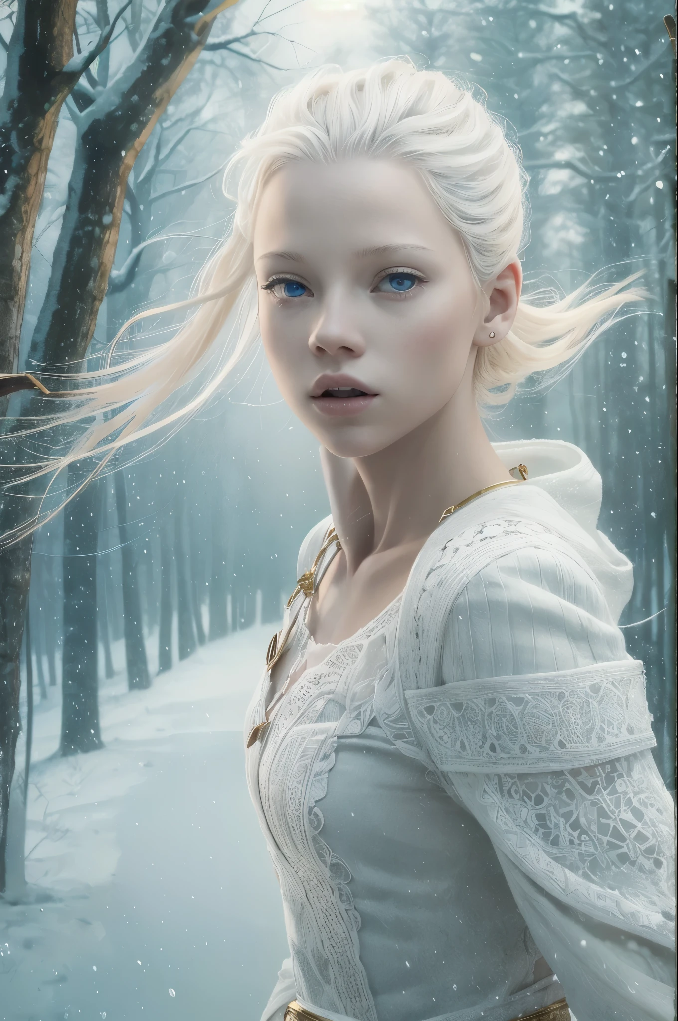 cover of a Fantasy book with an albinos Beautiful girl running, (((african albinos))), trying to escape in forest in winter, , coverbook, 8K, realistic.HD, 4K, HD, De vrais visages, Cinematography L&#39;image doit avoir un rapport hauteur/largeur de 1:1.6, et mesurez au moins 2,500 pixels on the longest side.
