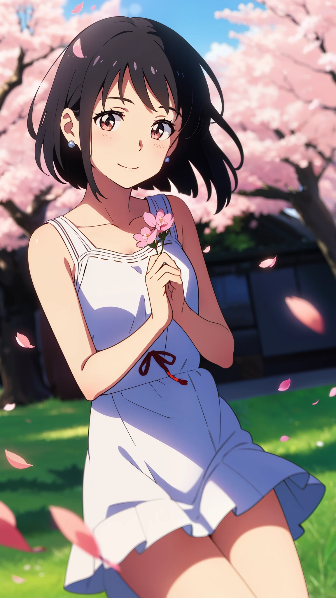 shinkai makoto, kimi no na wa., 1girl, bangs, black hair, blush, round eyes, bright eyes, brown eyes, red headband, red bow, red ribbon, short hair, shinny hair, smile, open mouth, cute, beautiful, shiny skin, looking at the viewer, solo, cute girl, white dress with cherry blossoms, bare shoulders, earrings, cherry_blossoms, falling_petals, petals, branch, pink_flower, blue_sky, spring_season, perfect hands. holding_flower, wind, tree