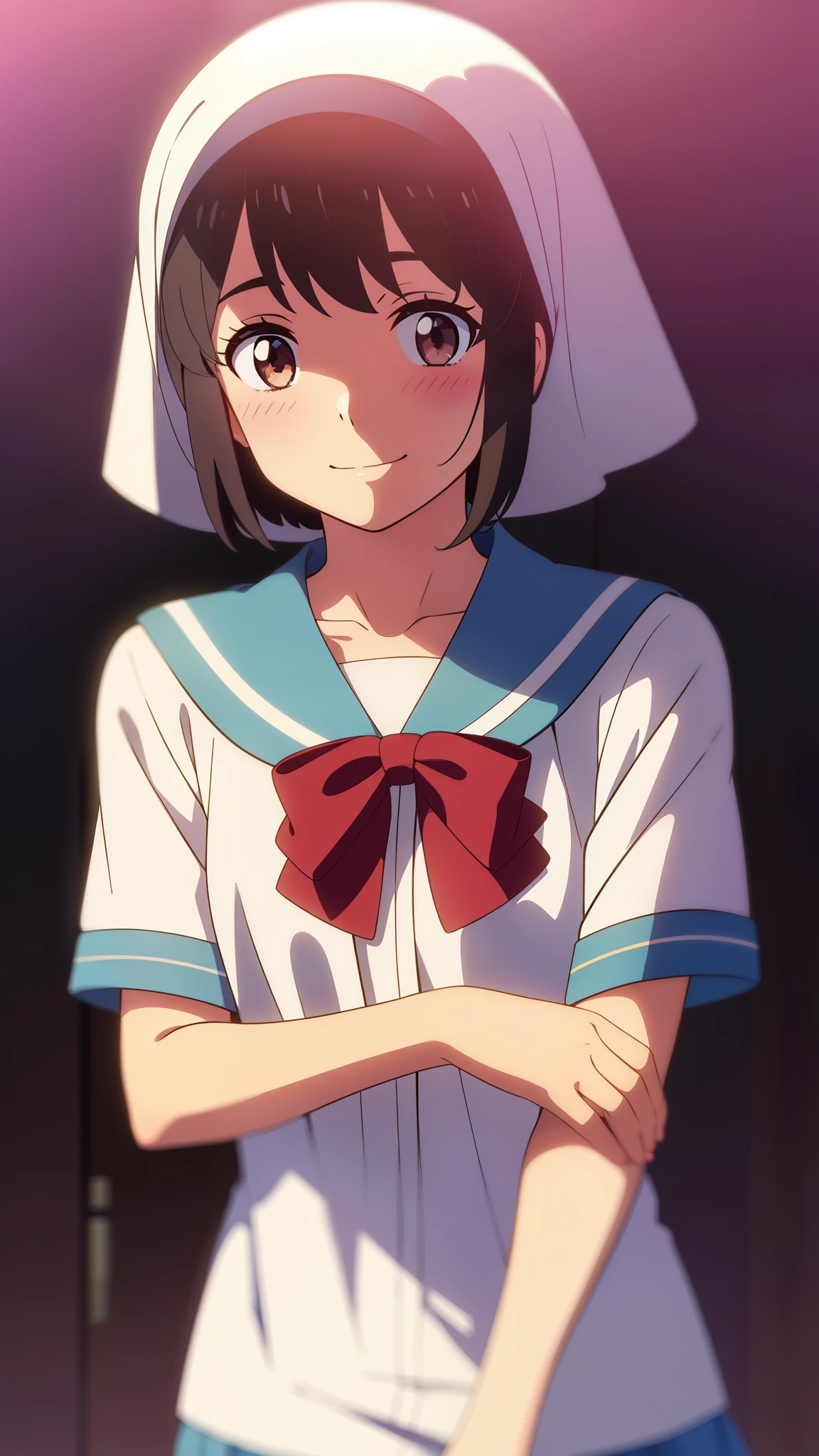 shinkai makoto, kimi no na wa., 1girl, bangs, black hair, blush, round eyes, bright eyes, brown eyes, red bow, short hair, shinny hair, smile, cute, beautiful, shiny skin, looking at the viewer, solo, cute girl, muslimah, muslim uniform, collarbone, white shirt, hijab, school uniform, short sleeves, Crescent, Crescent background