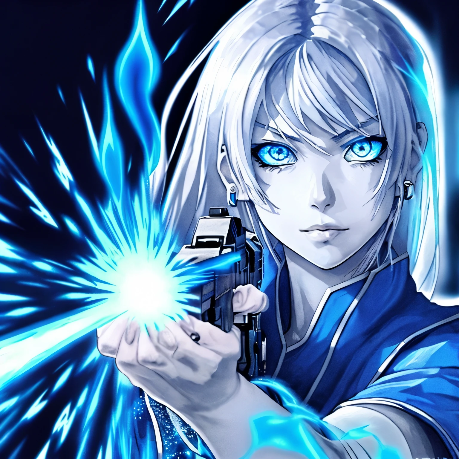 colorful、1 girl、gray hair、blue eyes、gun、holding blue flame、shine、weapon、particles of light、icon、chromatic aberration