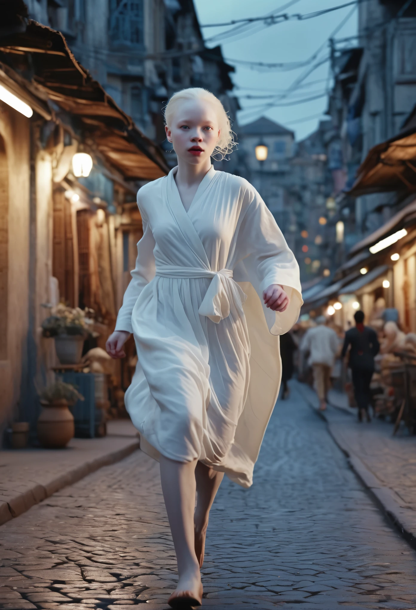 cover of a Fantasy book with an albinos Beautiful girl running, (((african albinos))), wearing white dress, robe en lambaux, pieds nus, trying to escape in creapy night city, 12 years, coverbook, 8K, realistic.HD, 4K, HD, real face, realistic, Cinematography L'image doit avoir un rapport hauteur/largeur de 1:1.6, et mesurez au moins 2,500 pixels on the longest side.