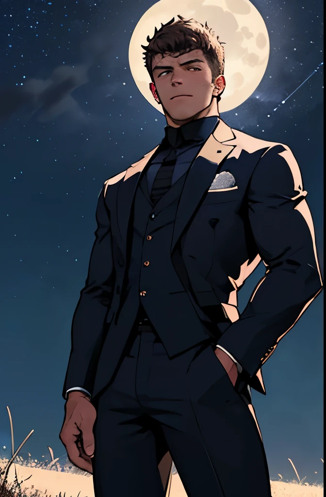 Draw a full-fledged footballer Nicolò Barella,Standing on the steppe at night,He wears a fancy suit,The man looks confident and determined,looking-down,Crew cut,full bodyesbian,Stars dot the sky,shooting from below,Big moon highlights background