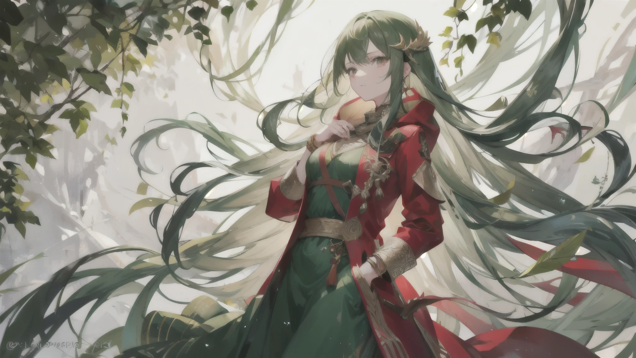 Wearing a long green dress woven from leaves and vines,red skin,Wearing a time bracelet engraved with complex runes on her wrist,coat,hands in pockets
