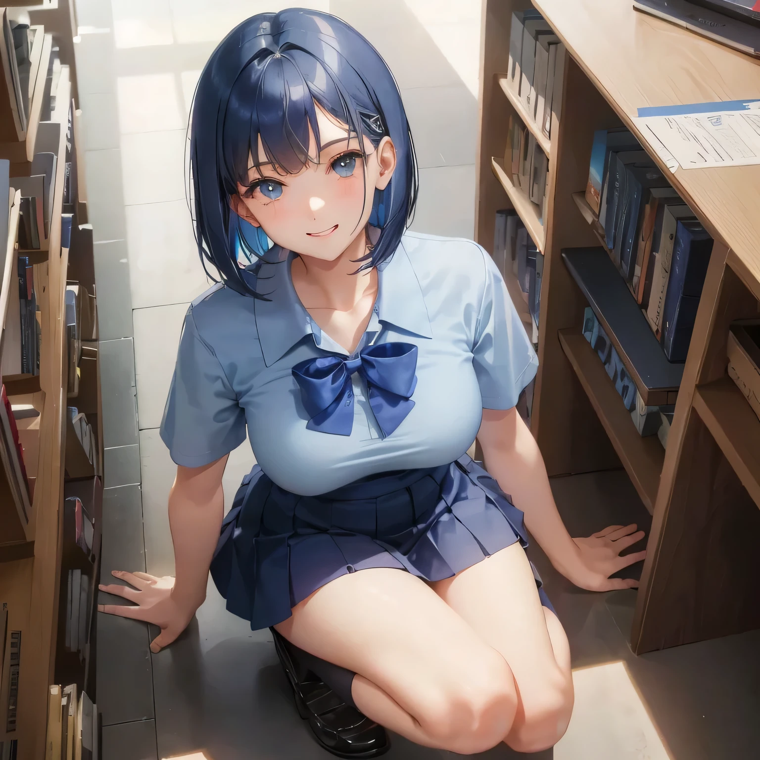 1 high school girl 17 year old female bob cut dark blue hair color high school uniform Light blue Y-shirt short sleeve blue ribbon dark blue hair color slender body shape big breasts full body portrait 学校のlibrary smile gently cheerful look library hand sign squat kneel down look up here