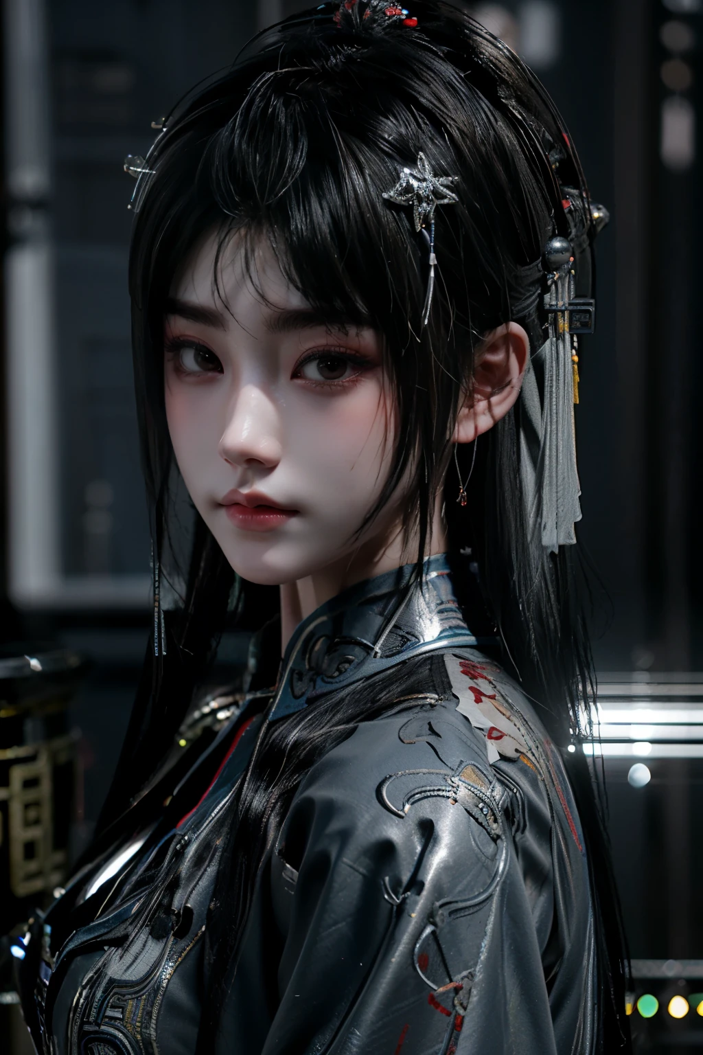 Masterpiece,Game art,The best picture quality,Highest resolution,8K,(Portrait),Unreal Engine 5 rendering works,(Digital Photography),((Portrait Feature:1.5)),
20 year old girl,Short hair details,With long bangs,(The red eye makeup is very meticulous),(With long gray hair:1.4),(Large, full breasts),Elegant and noble,Brave and charming,
(Future armor combined with the characteristics of ancient Chinese armor,Hollow design,Power Armor,The mysterious Eastern runes,A delicate dress pattern,A flash of magic),Warrior of the future,Cyberpunk figures,Background of war,
Movie lights，Ray tracing，Game CG，((3D Unreal Engine))，OC rendering reflection pattern