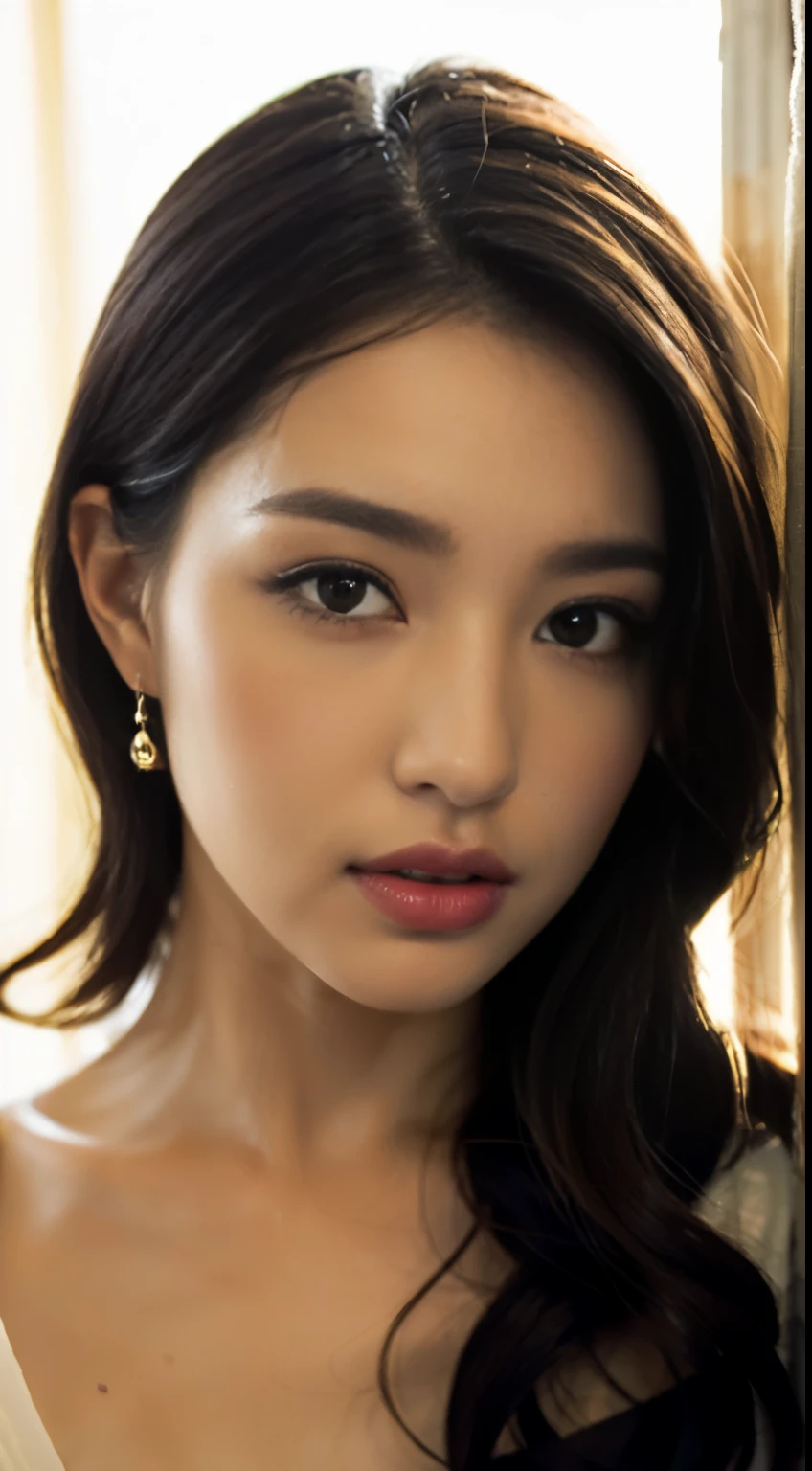 masutepiece:1.5, 8K), (top-quality, masterpiece, 超A high resolution), (( Sharp Focus)), Professional camera work, Highly detailed skin texture:1.3, 1 ultra hot girl in, Fair skin, full waist up pose , upper knees pose ,(Sense of clarity:1.5), Extremely beautiful face:1.3, Sense of clarityを感じる目:0.9, Enraptured look:1.0, i love you completely:0.8, slightly open mouth, adults movies actress , onlyfans sexy seductive model , A mouthfeel that exudes a sense of clarity:0.7, Dark brown medium hair, necklace and earrings, looking at viewers