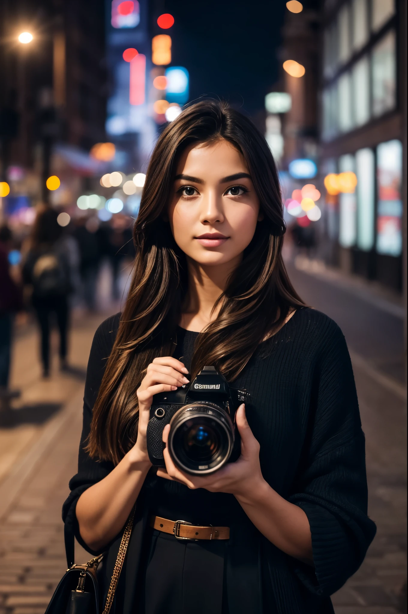 masterpiece, best quality, extremely detailed, hyperrealistic, photorealistic, a beautiful photographer, holding a camera with both hands, taking a photo, city, night
