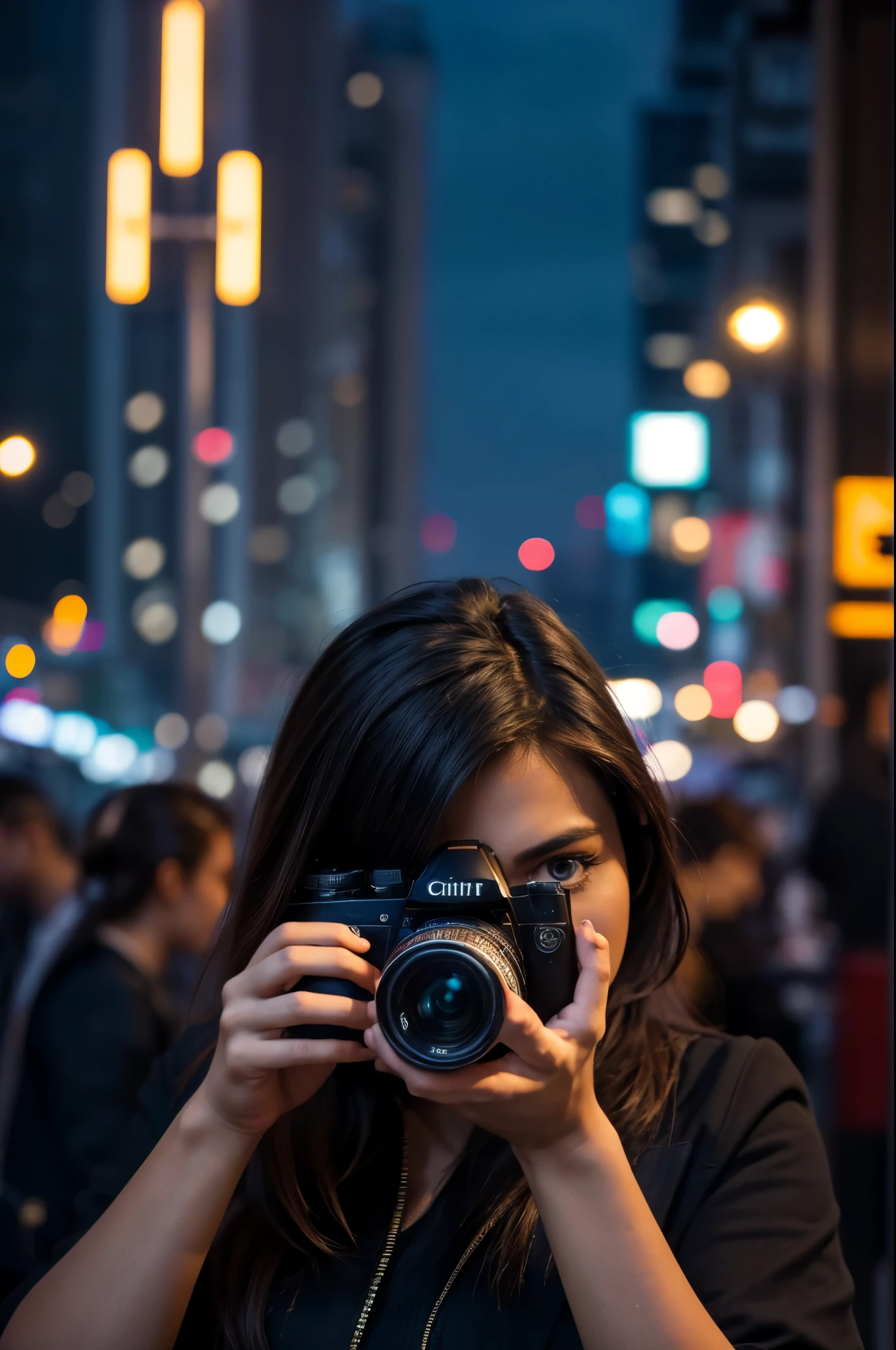 masterpiece, best quality, extremely detailed, hyperrealistic, photorealistic, a beautiful photographer, holding a camera with both hands, taking a photo, city, night