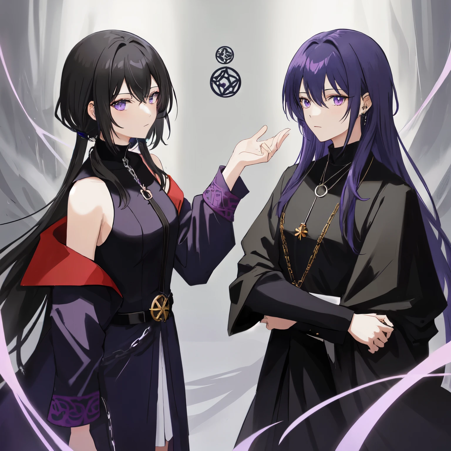 anime character dressed in black with chain around his neck, turtle neck top, shadow mage male, male fantasy alchemist, evil male sorcerer, , single character bust up, rpg portrait, noble male in black robes, anime illustration, dark witch character, rpg, black hair with purple shade, Purple shade yellow eyes color, rosario ear piercing, wolf cut hair, single male