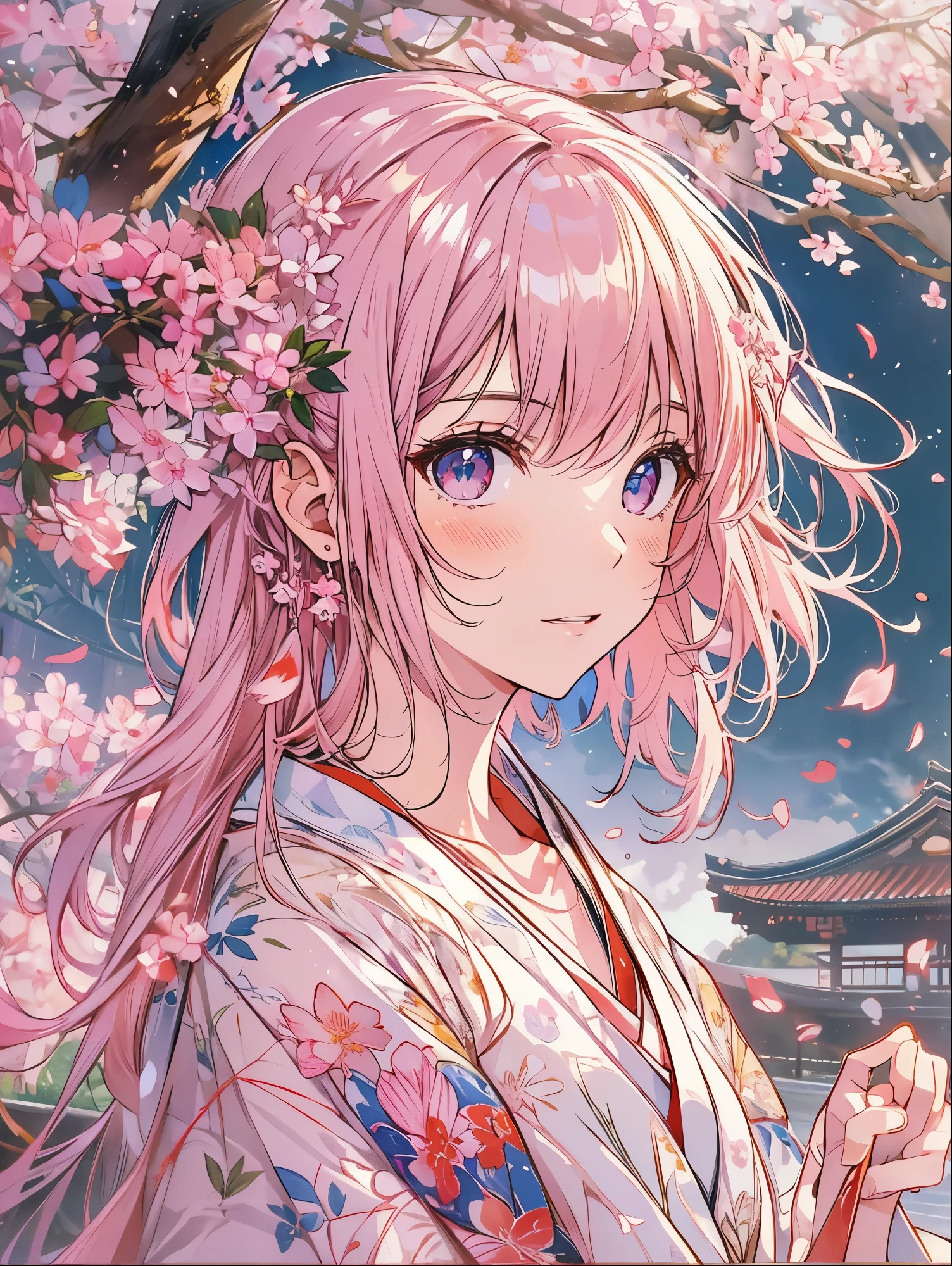 8K resolution, ((highest quality)), ((masterpiece)), ((super detailed)), (very delicate and beautiful), with a girl, solo, gentle expression, she is very(relax)with(Calm)Appearance, pink hair, Depth of the bounds written, bright smile, young expression, bright peach-colored eyes, 美しいpink hair, beautiful background, long hair, linear art, pink kimono, Japan, Japan風, cherry blossomsのように輝く瞳, upper eye, wonderful eyes, cherry blossoms, cherry blossomsの木, cherry blossomsの花が舞っている, Upper body