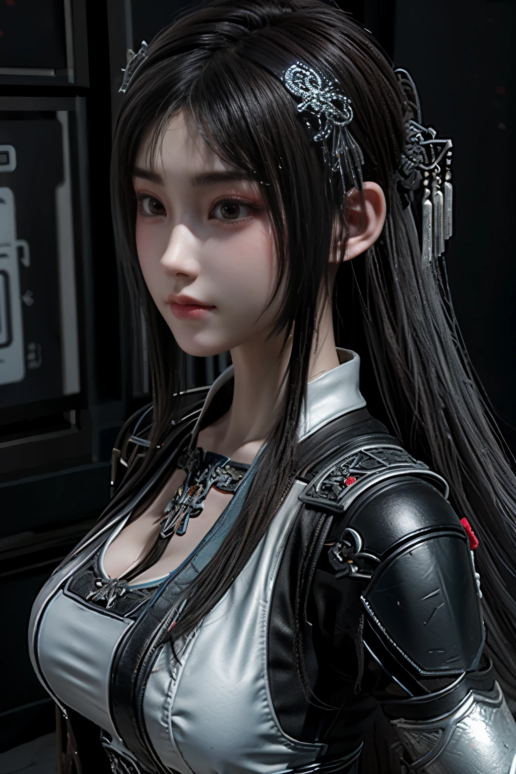 Masterpiece,Game art,The best picture quality,Highest resolution,8K,(Portrait),Unreal Engine 5 rendering works,(Digital Photography),((Portrait Feature:1.5)),
20 year old girl,Short hair details,With long bangs,(The red eye makeup is very meticulous),(With long gray hair:1.4),(Large, full breasts),Elegant and noble,Brave and charming,
(Future armor combined with the characteristics of ancient Chinese armor,Hollow design,Power Armor,The mysterious Eastern runes,A delicate dress pattern,A flash of magic),Warrior of the future,Cyberpunk figures,Background of war,
Movie lights，Ray tracing，Game CG，((3D Unreal Engine))，OC rendering reflection pattern