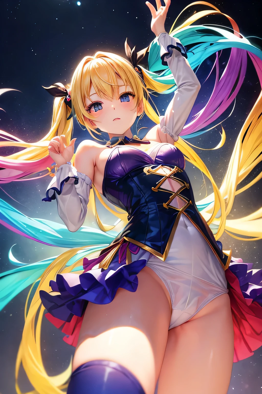 panty shot、rainbow colored leotard、Beautiful Girl Magician、blonde twintails、((whole body))、(((photo taken from below)))、night