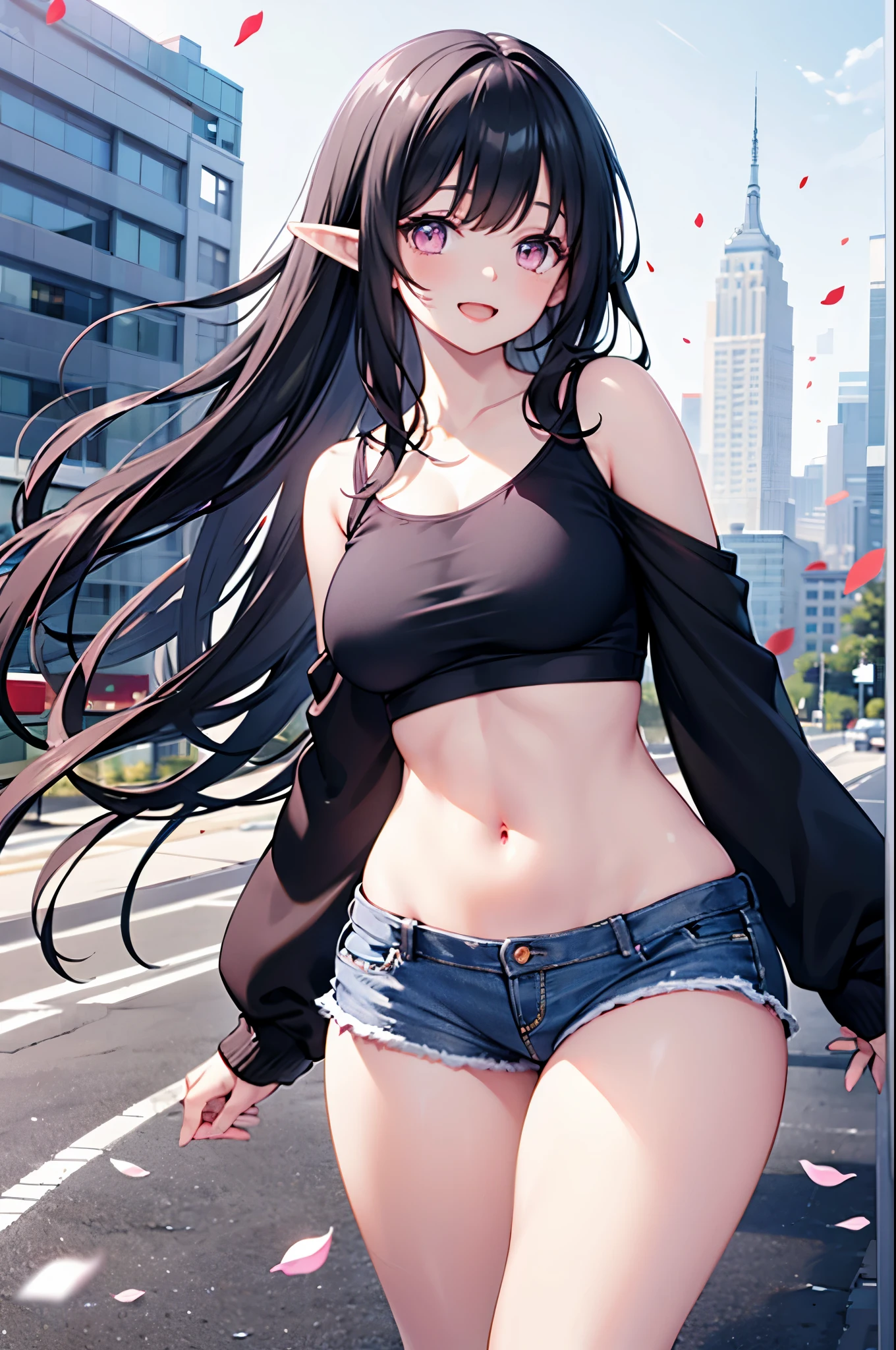 realistic image, coherent image, detailed image, 1 beautiful elf. She has black hair, long hair. Pink eyes, long eyelashes. Her face is oval and delicate. smiling with open mouth. She is wearing a long sleeve shirt, showing her navel, jean shorts, sneakers, she has a curvy body, medium breasts and thick thighs. Urban background. starry night, flower petals falling. natural lighting in front, volumetric lighting