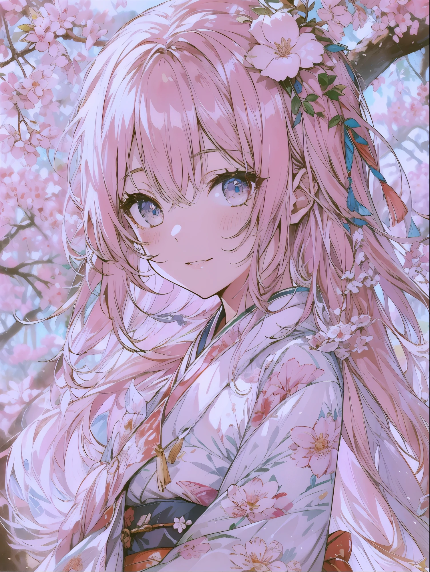 8K resolution, ((highest quality)), ((masterpiece)), ((super detailed)), (very delicate and beautiful), with a girl, solo, gentle expression, she is very(relax)with(Calm)Appearance, pink hair, Depth of the bounds written, bright smile, young expression, bright peach-colored eyes, 美しいpink hair, beautiful background, long hair, linear art, pink kimono, Japan, Japan風, cherry blossomsのように輝く瞳, upper eye, wonderful eyes, cherry blossoms, cherry blossomsの木, cherry blossomsの花が舞っている, Upper body